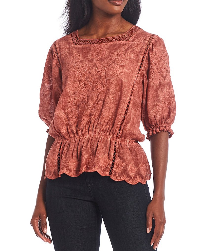 Democracy Mineral Wash Crochet Square Neck Scallop Trim Elbow Sleeve Peplum Top