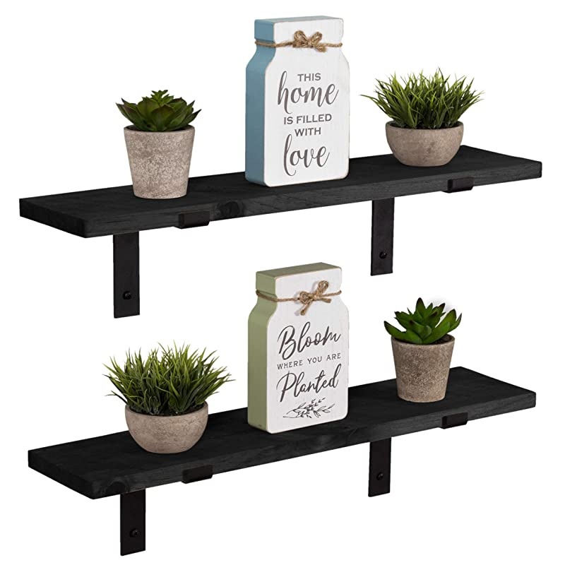 Rustic Wood Floating Shelves Wall Mounted Storage Shelf with L Brackets USA Handmade| Set of 2 Black 24 x 55