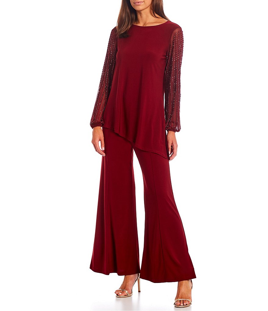 Marina Beaded Long Sleeve Round Neck 2-Piece Pant Set