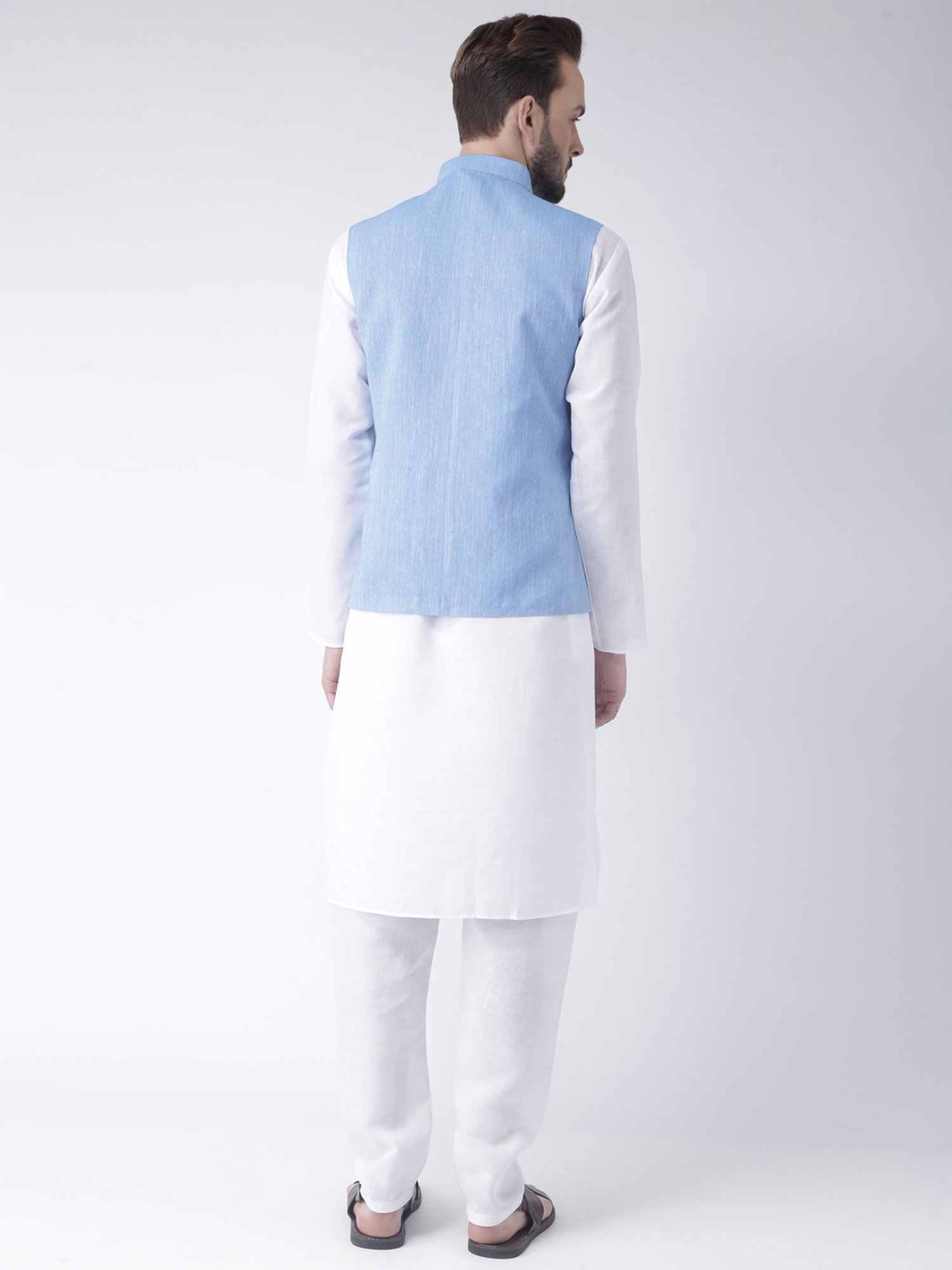 Hangup Plus White & Blue Regular Fit Kurta & Pyjamas Set With Nehru Jacket