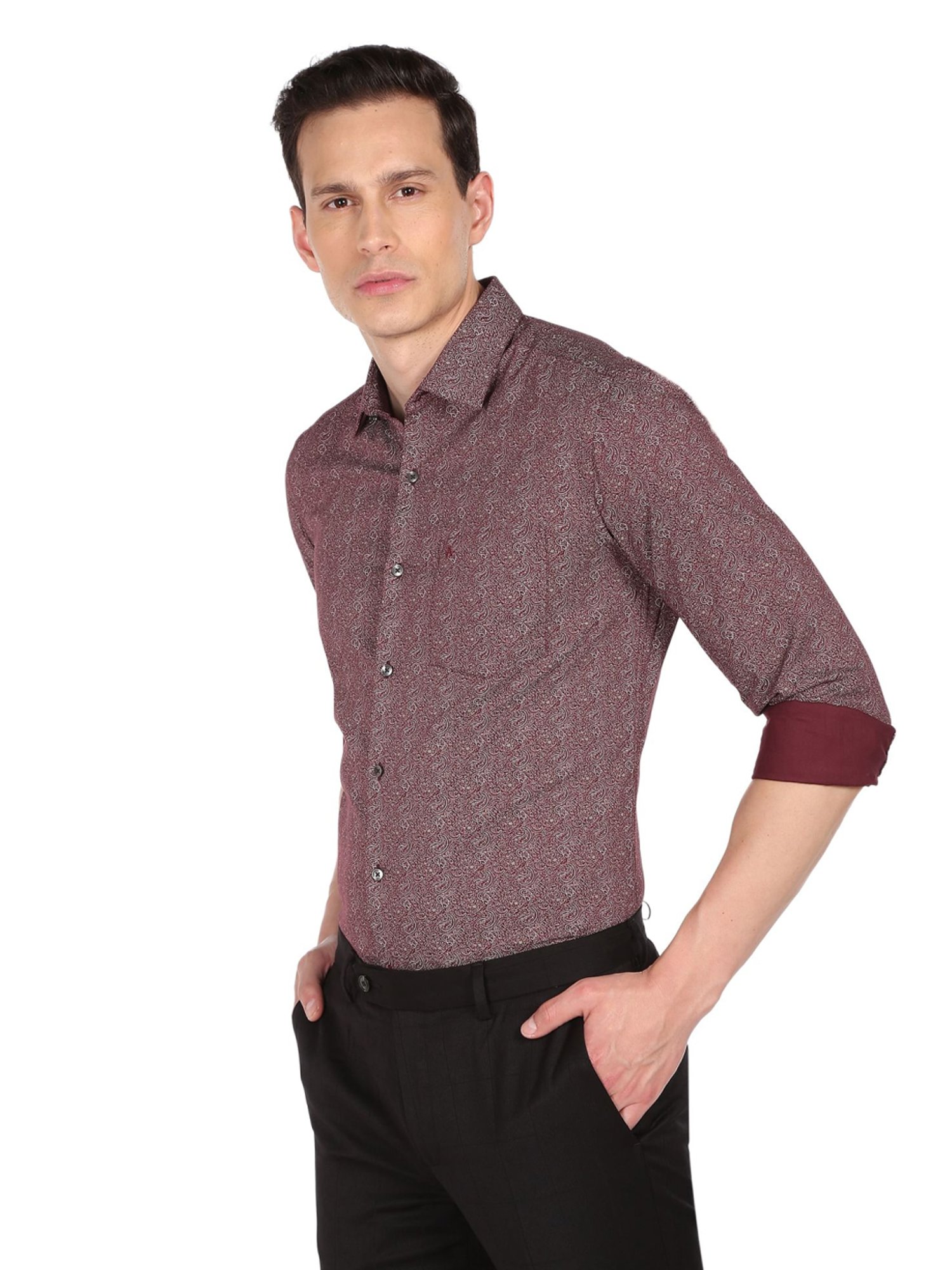 Arrow Maroon Cotton Slim Fit Printed Shirt