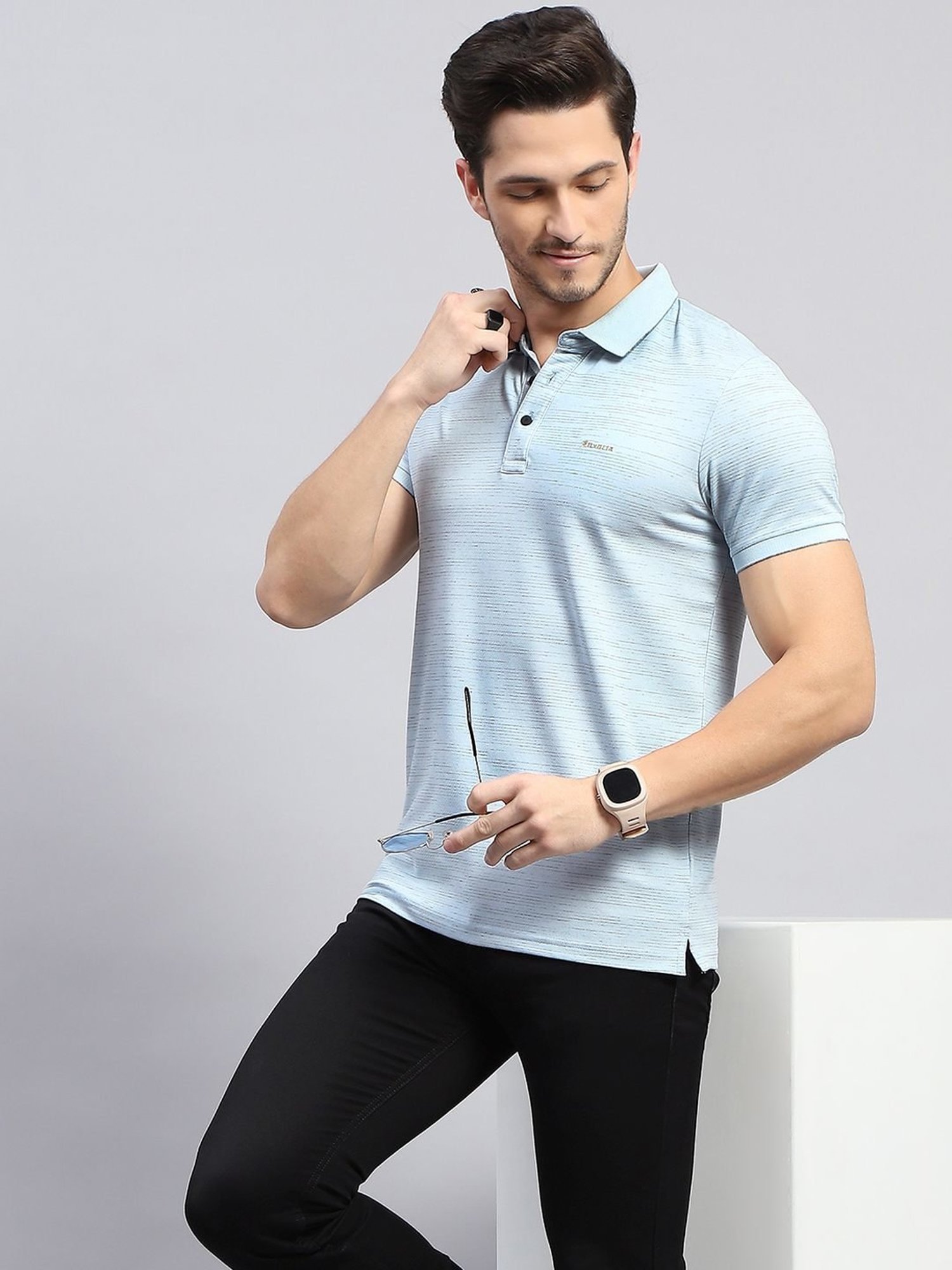 Monte Carlo Sky Blue Regular Fit Striped Polo T-Shirt