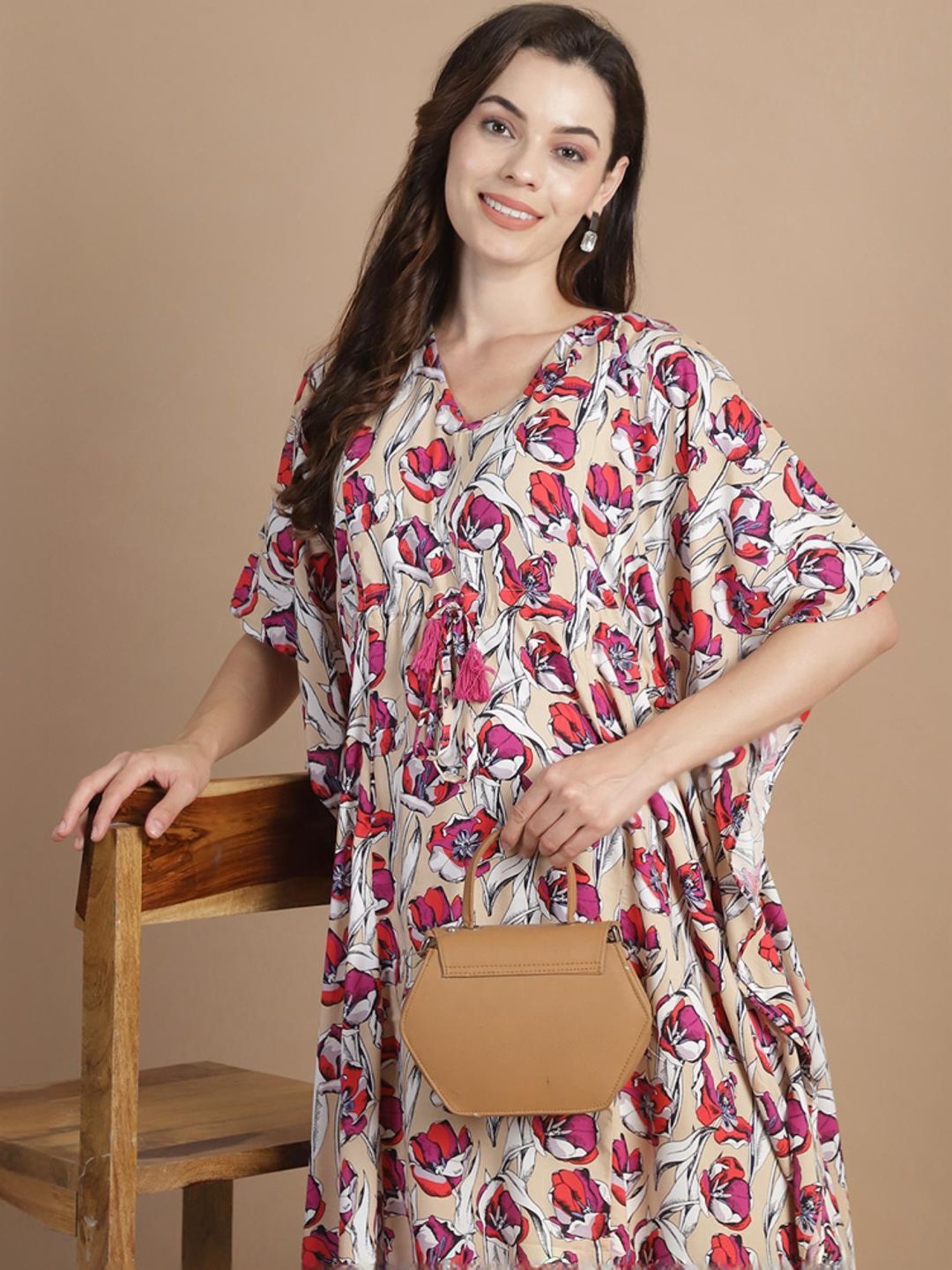 Secret Wish Beige Floral Print Kaftan
