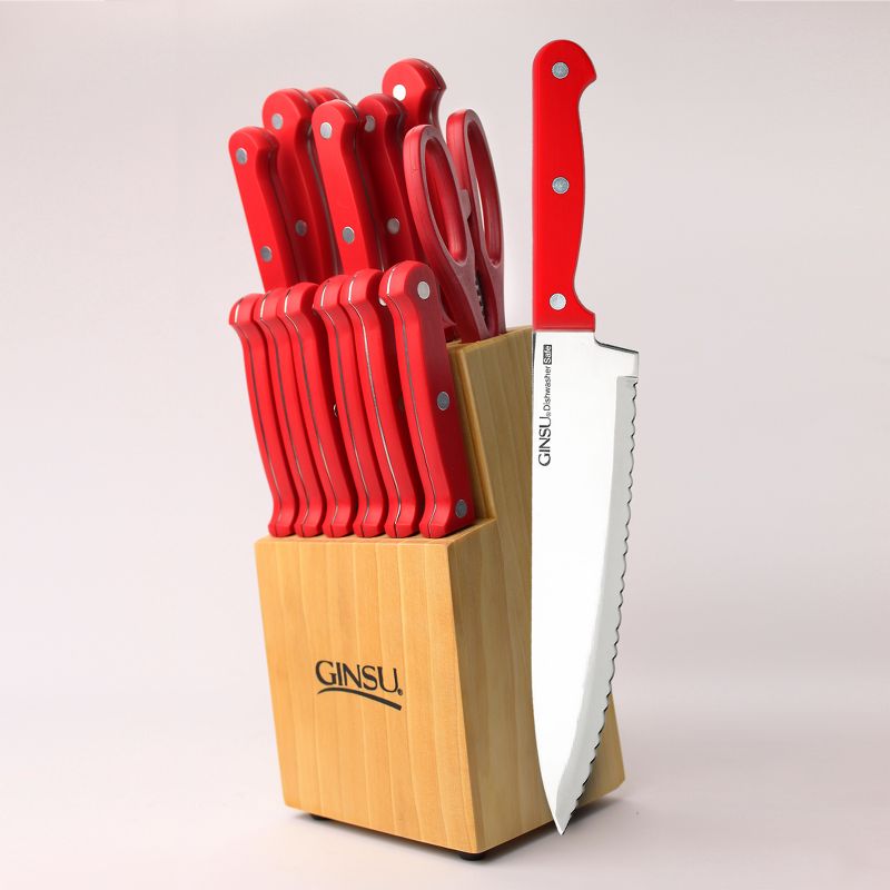 Ginsu Stainless Steel Serrated Knife Set 14pc with Red Kitchen Knives in a Natural Block