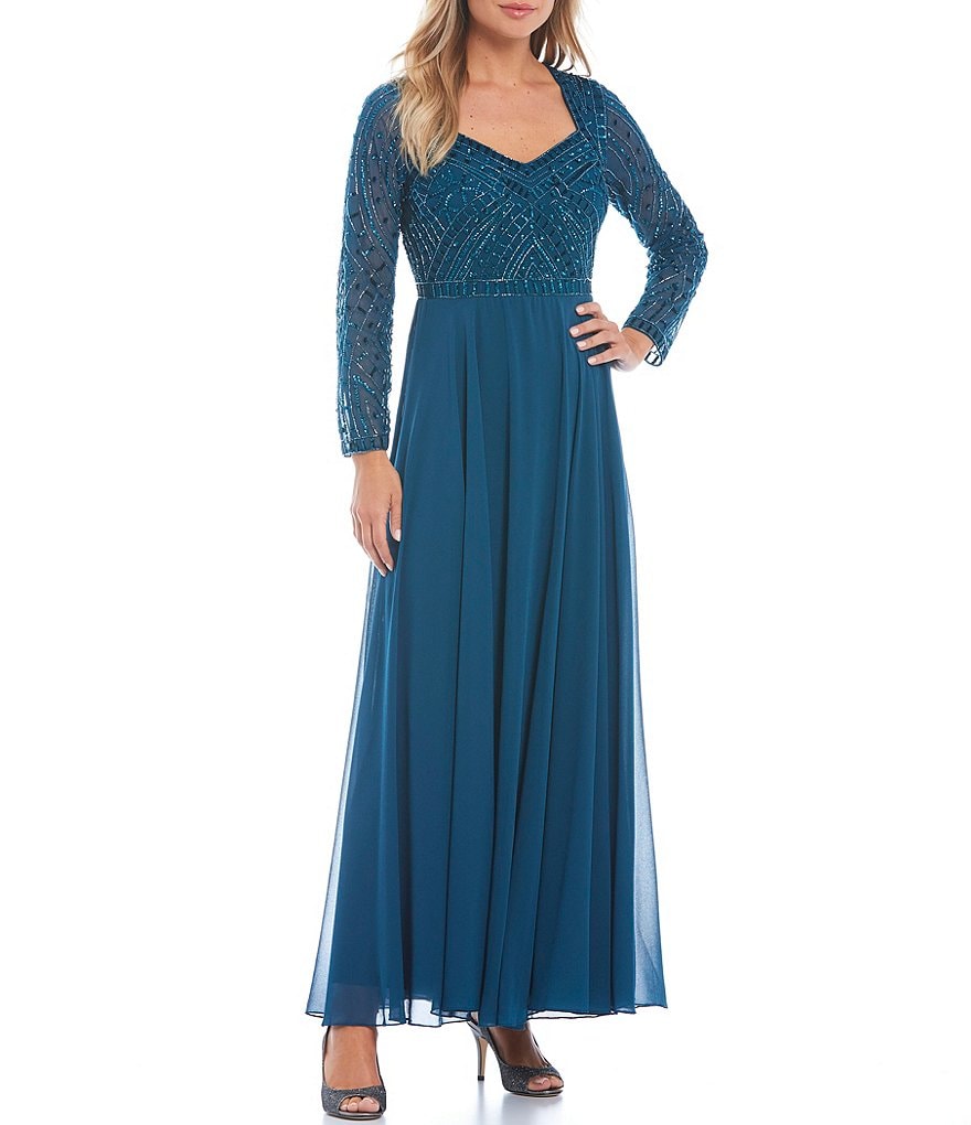 Jkara Petite Size Long Sleeve Lined Sweetheart Neck Beaded Gown