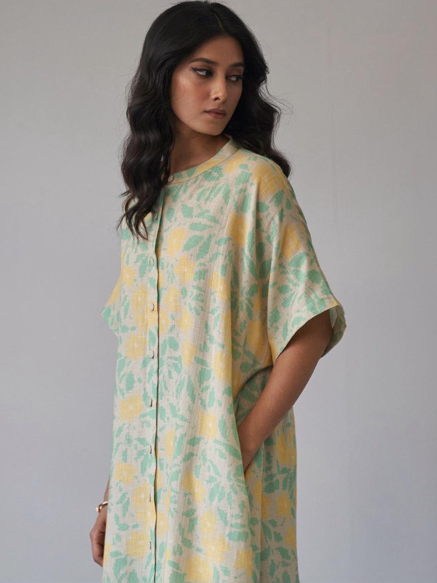 Ganga Fashions Almond Milk & Green Cotton Linen Kurta with Pant Co-ord Set