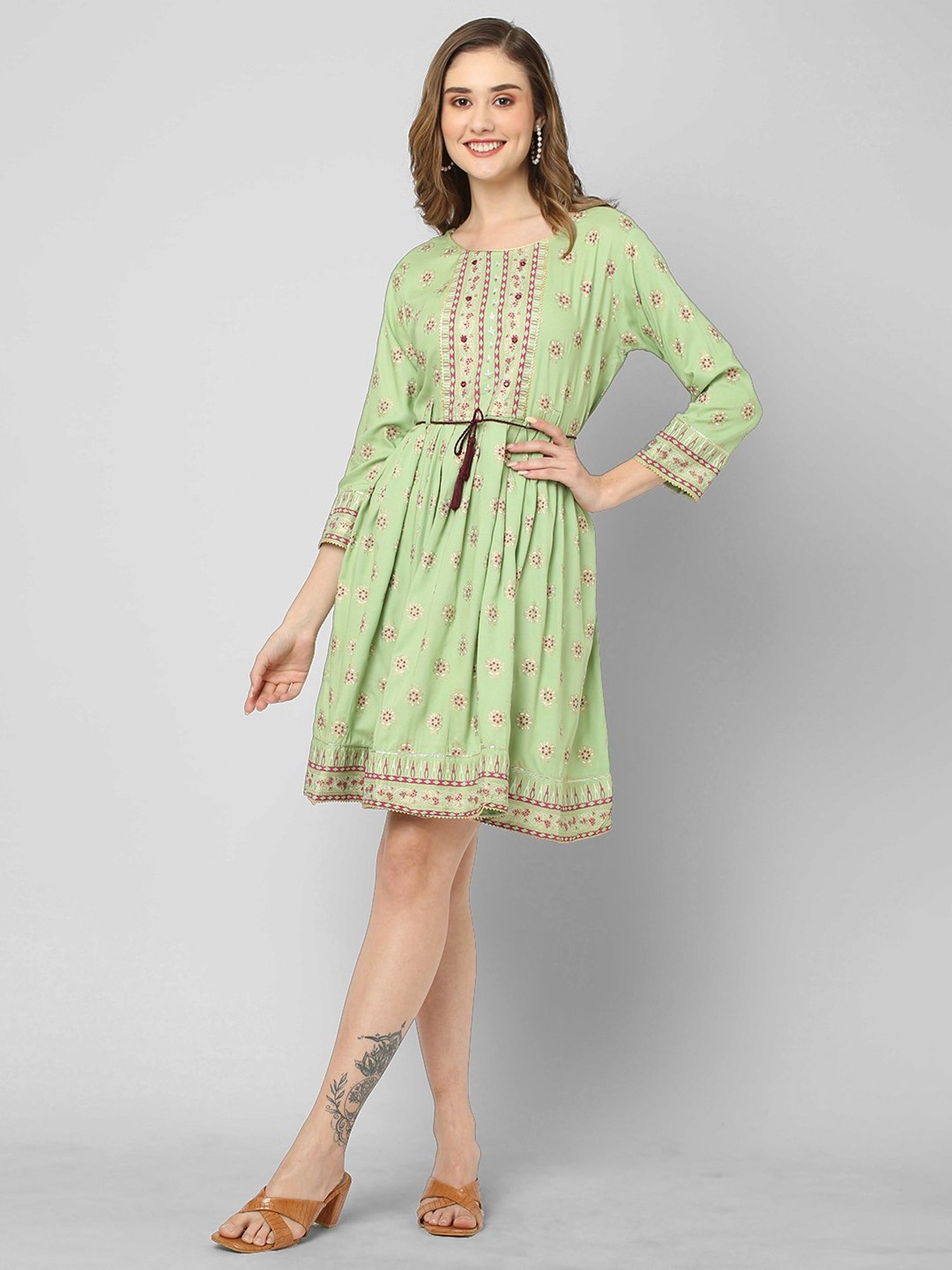 KIANA Green Printed A-Line Dress