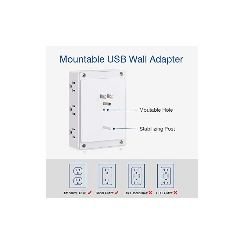 Multi Outlet Wall Adapter,  Power Strip with 6 AC Outlets and 4 USB Ports(5V/3.1A)- Mountable Grounded Surge Protector, Portable Outlet Extender for TV Computer Laptops Smartphone Home Office
