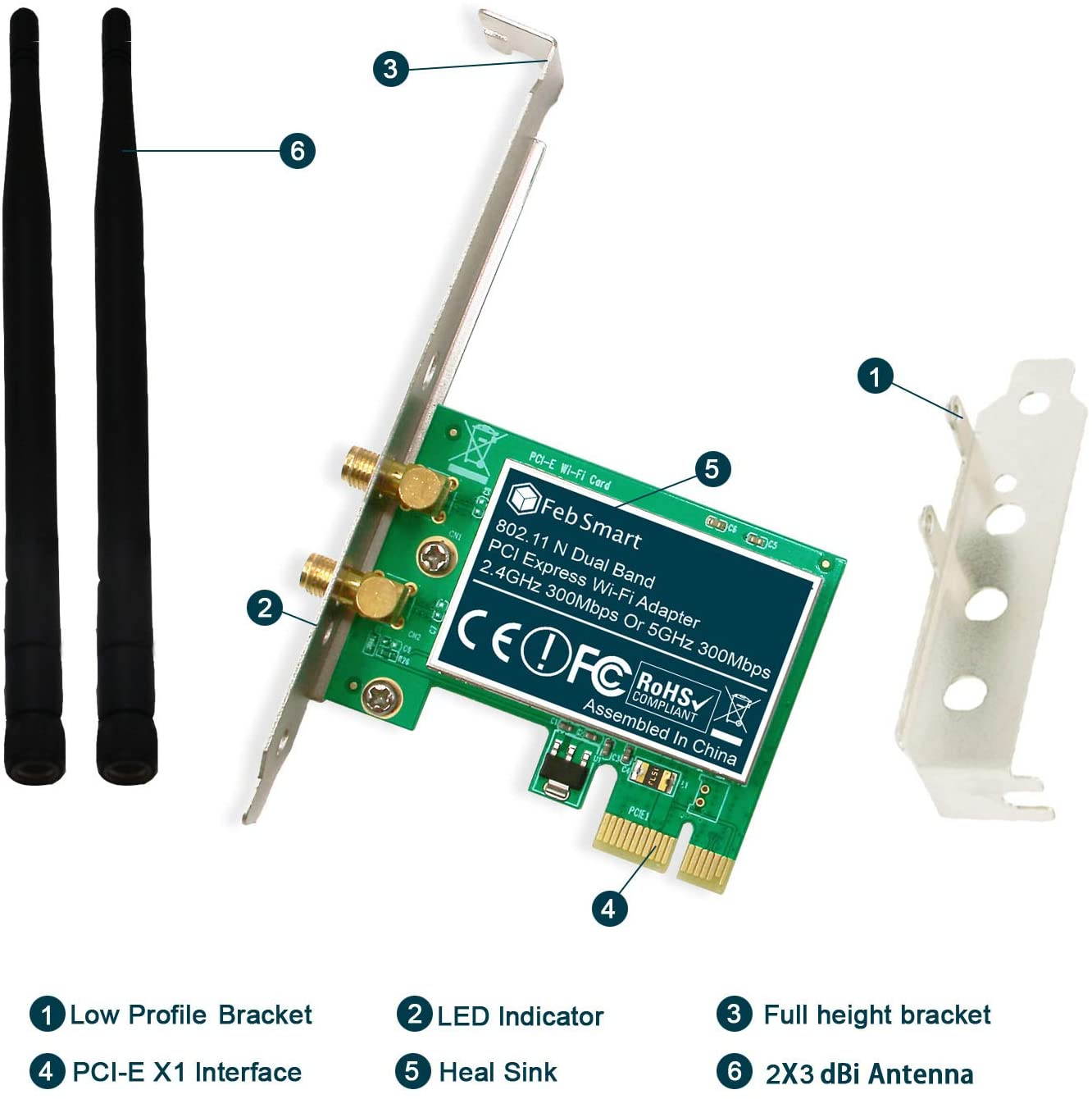 FebSmart Wireless Dual Band N600 (2.4GHz 300Mbps or 5GHz 300Mbps) PCI Express Wi-Fi Adapter for Windows XP 7 8 8.1 10 Server System (32/64bit) Desktop PCs-2-Stream MIMO PCIE Wi-Fi Card (FS-N600)