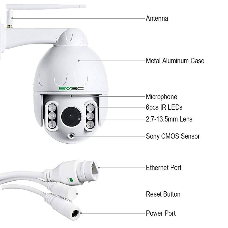 PTZ WiFi Camera Outdoor with Metal IP66 Waterproof Shell HD 1080P Pan 360&deg; Tilt 5X Zoom Wireless Security Camera 196ft IR Night Vision Humanoid Detect Two Way Audio Support SD Card Storage