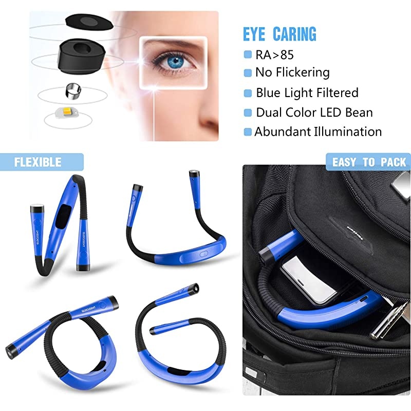 LED Neck Reading Light Book Light for Reading in Bed 3 Colors 6 Brightness Levels Bendable Arms Rechargeable Long Lasting Blue Perfect for Reading Knitting Camping Repairing