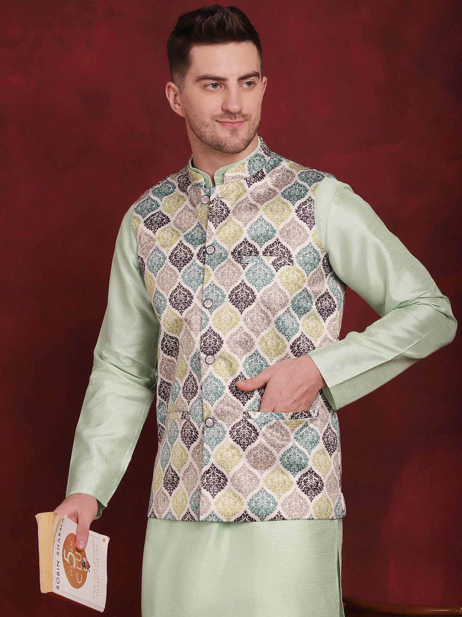 Jompers Green Regular Fit Printed Nehru Jacket