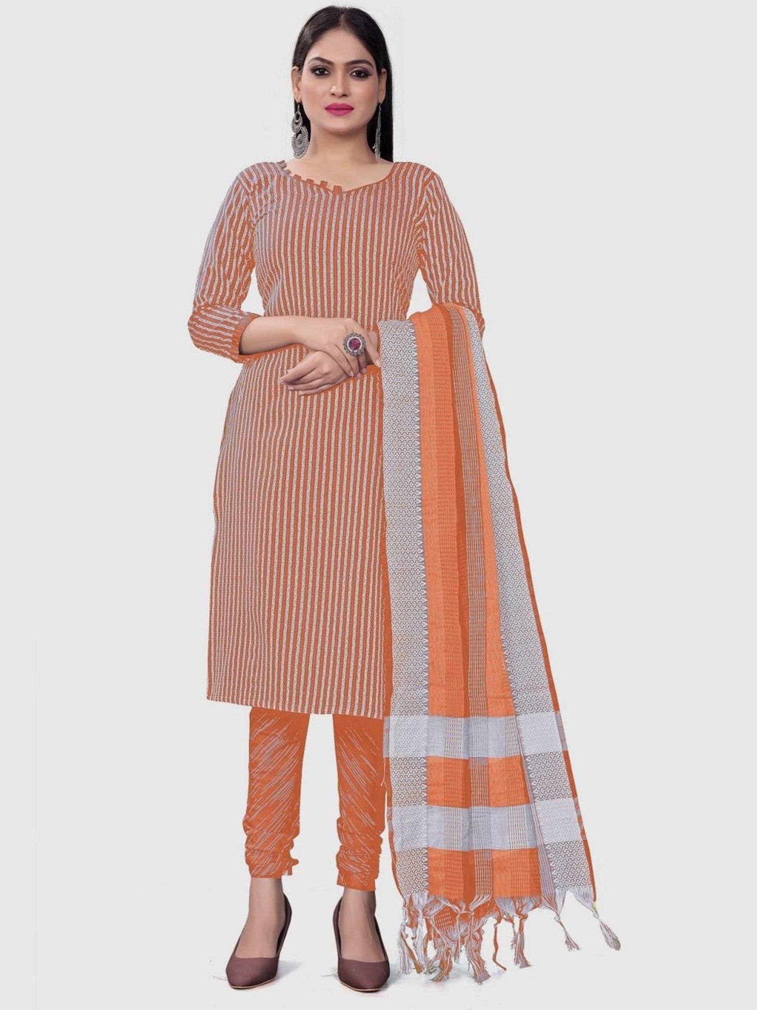 APNISHA Orange Cotton Striped Unstitched Dress Material