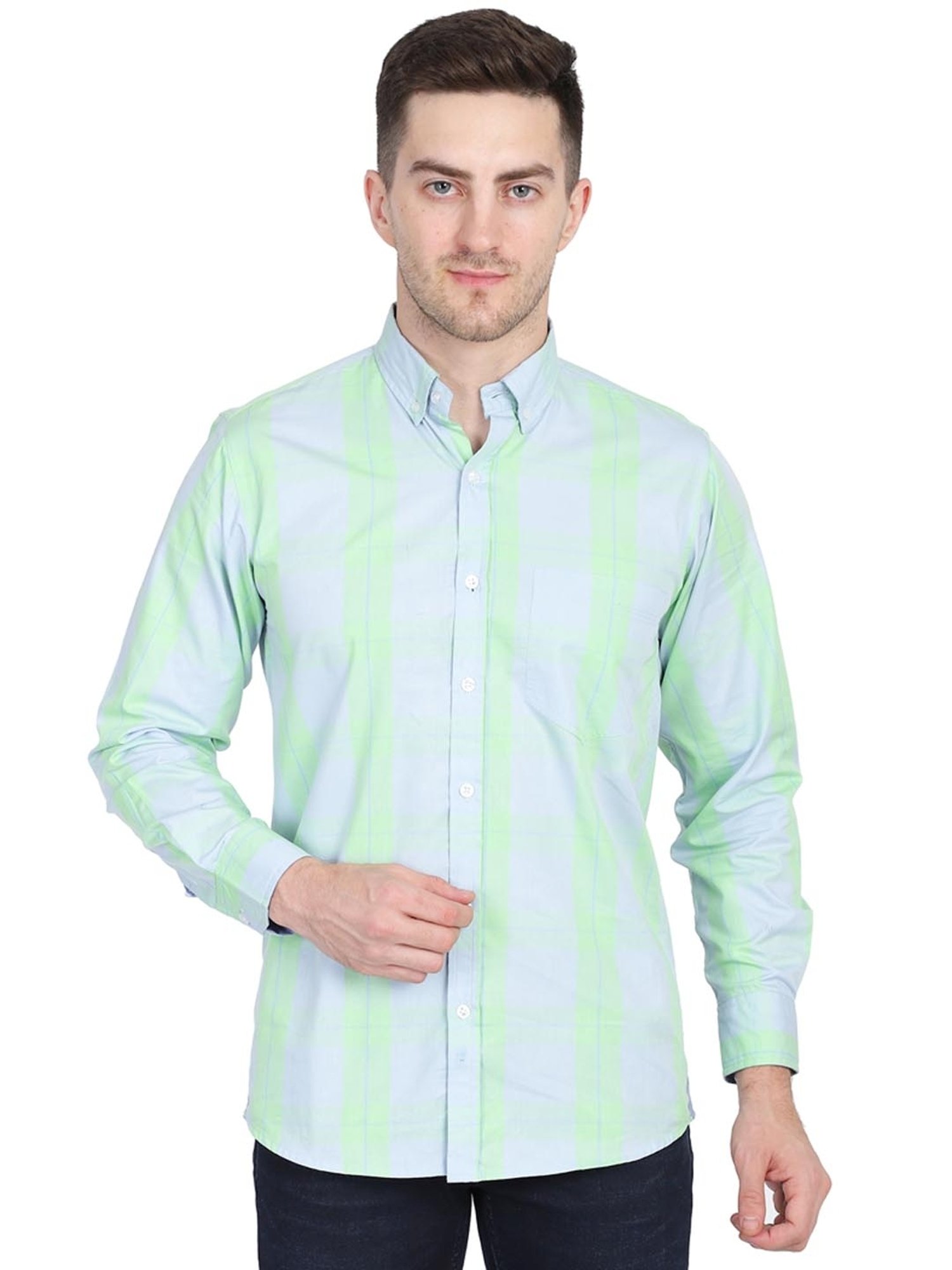 TAHVO Green Cotton Regular Fit Checks Shirt