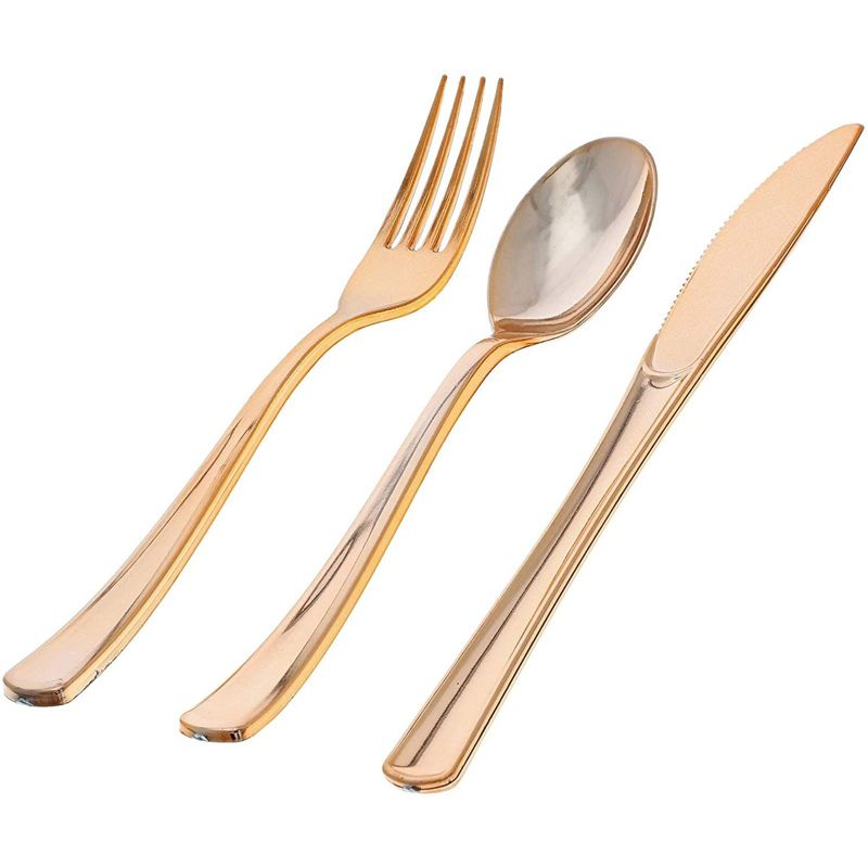 Sparkle and Bash 72 Pack Plastic Metallic Rose Gold Cutlery, Disposable Dinnerware Set