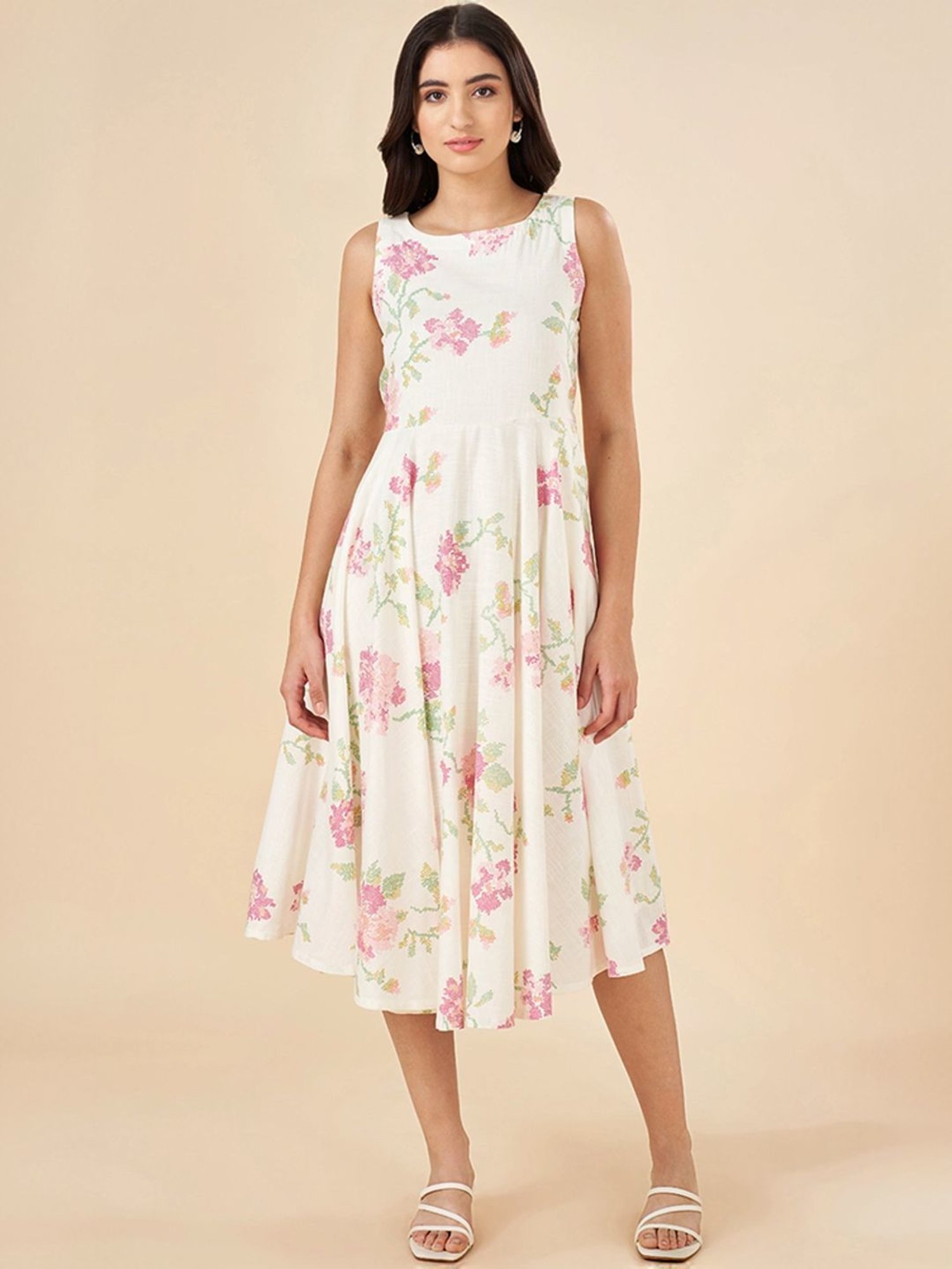 Akkriti by Pantaloons White Cotton Floral Print A-Line Dress