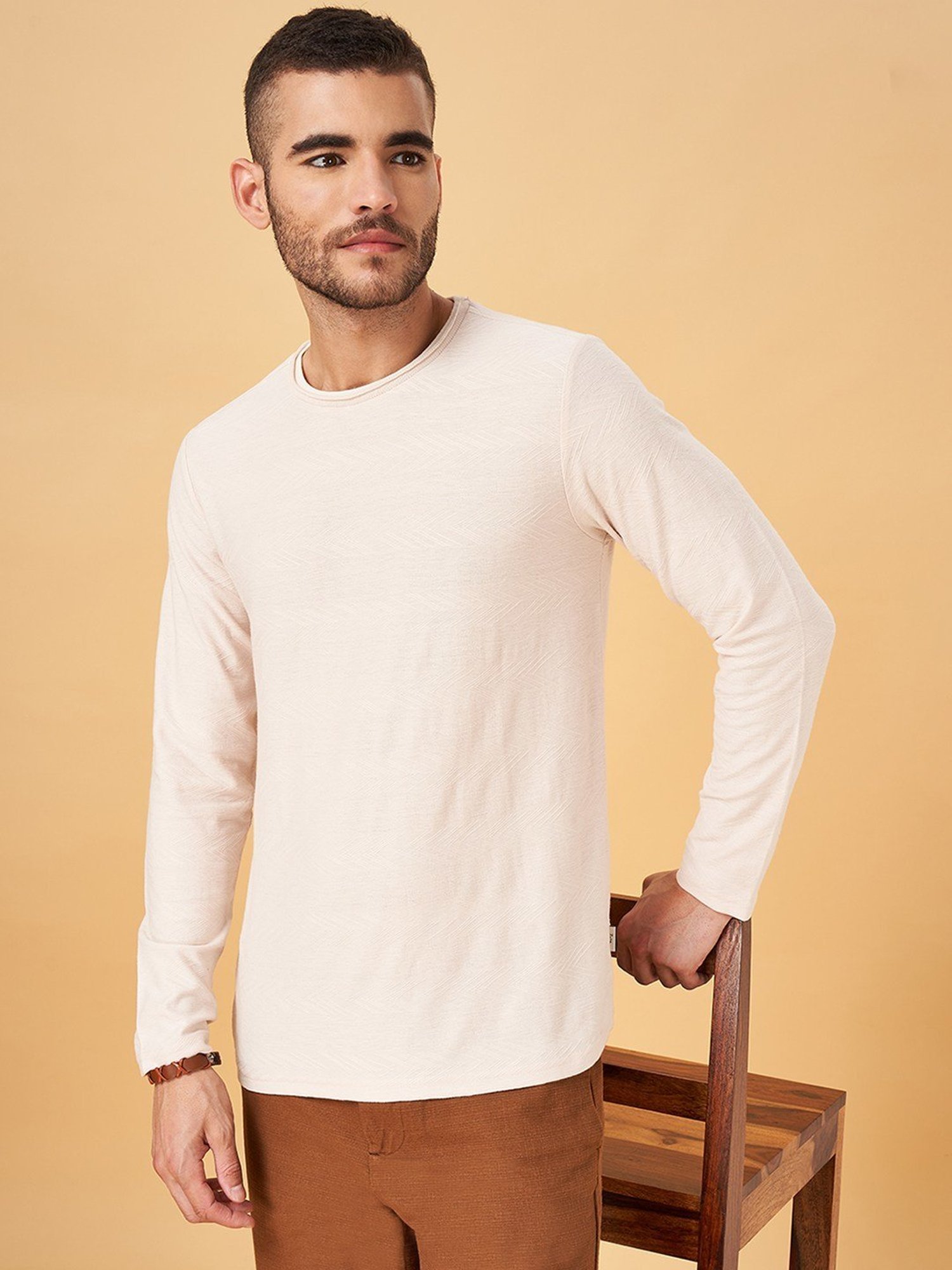 7 Alt by Pantaloons Light Peach Slim Fit T-Shirt