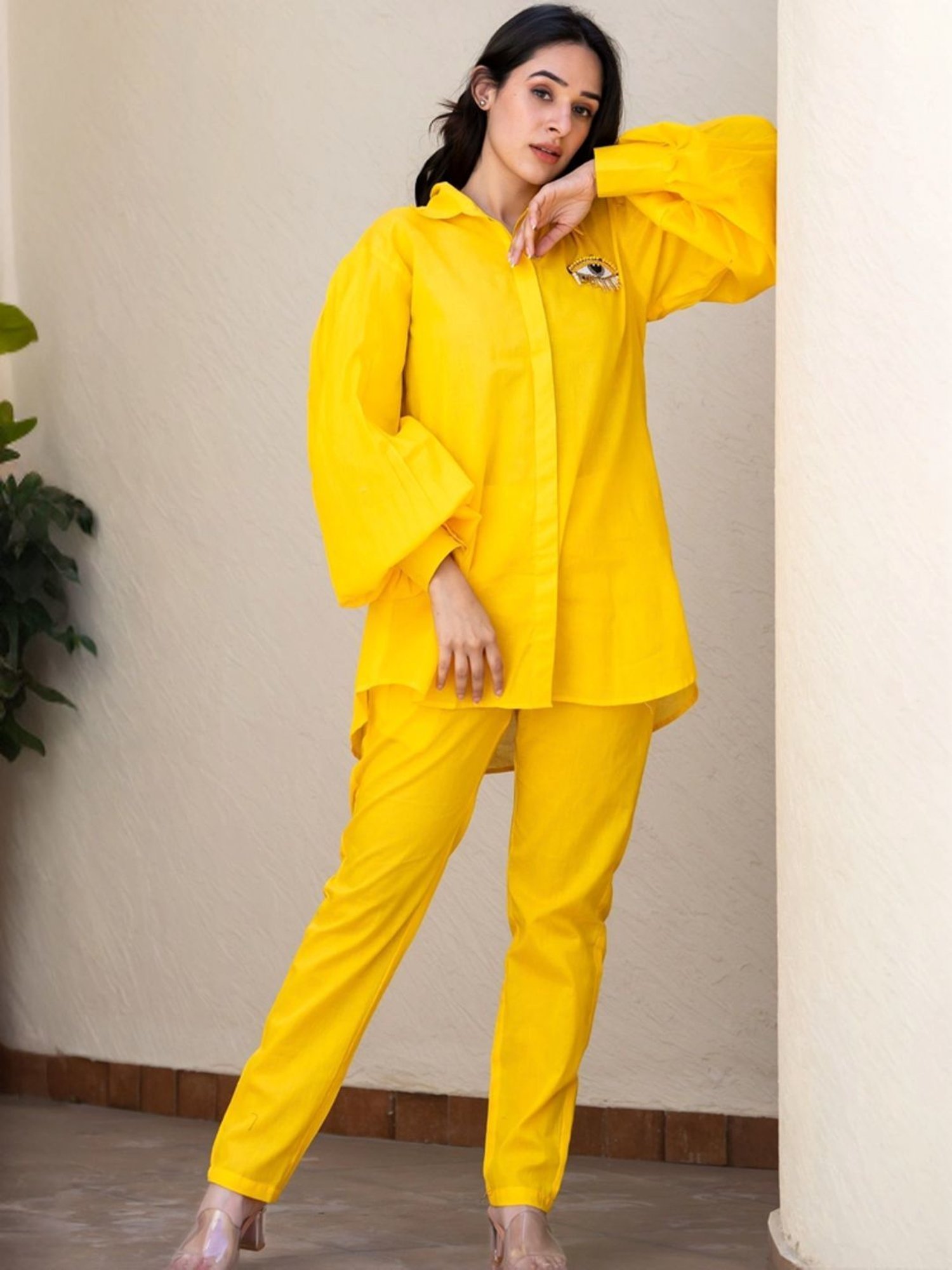 HOUSE OF JAMOTI Yellow Cotton Embellished Tunic Pant Set