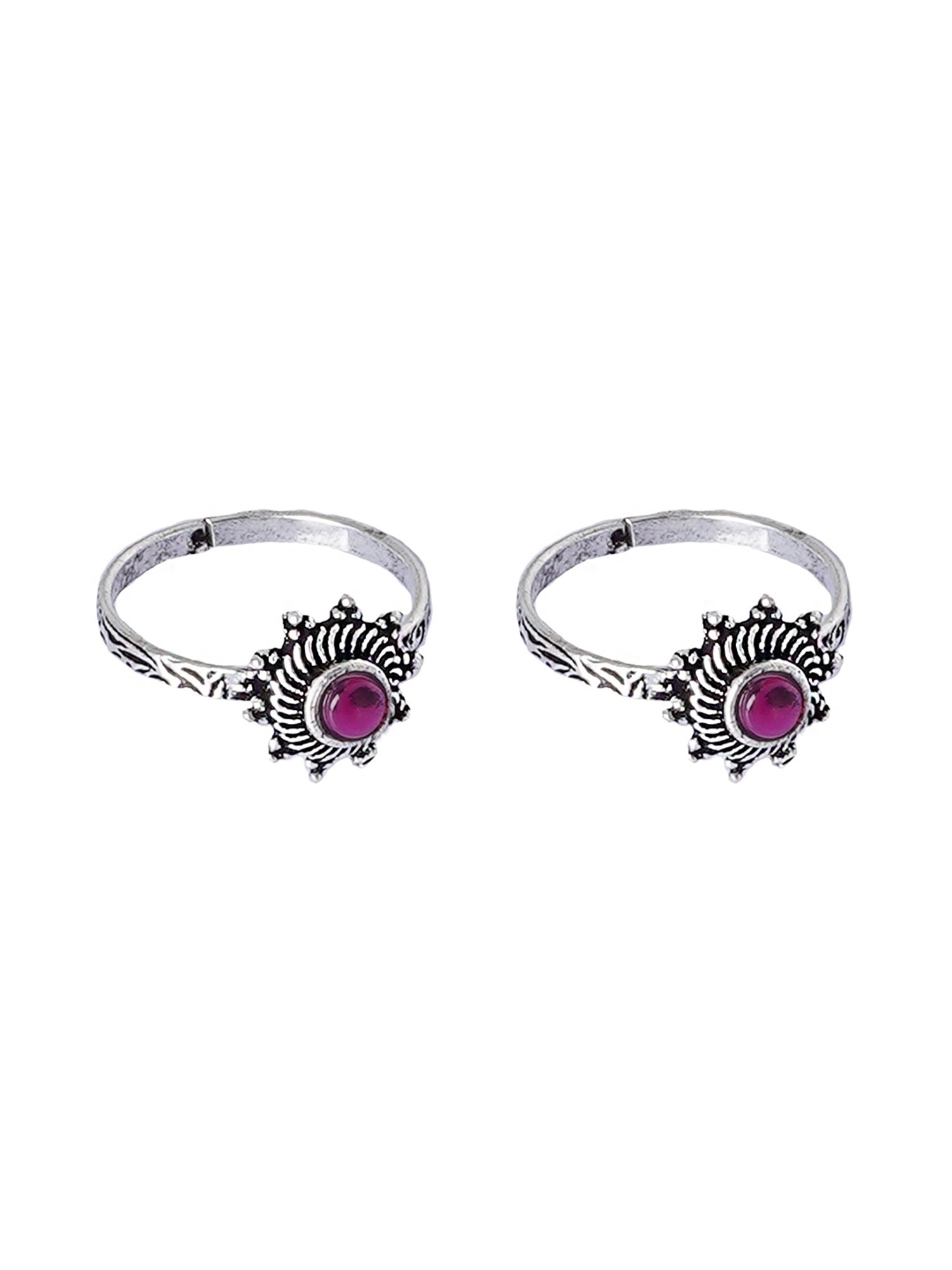 Teejh Ethnic Rishika Pink Stone Silver Oxidized Toe Rings for Women