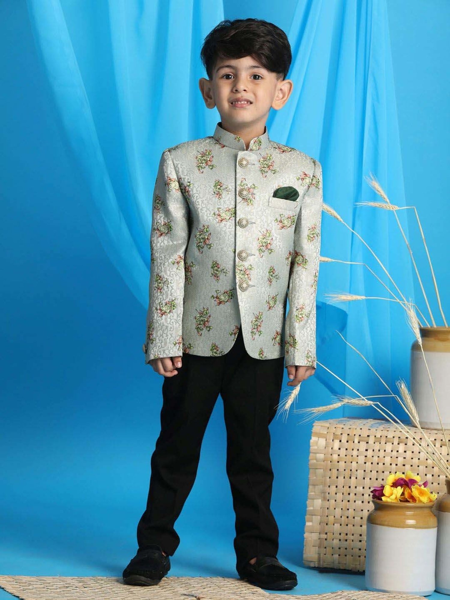 VASTRAMAY Boys Green Self Full Sleeves Indowestern
