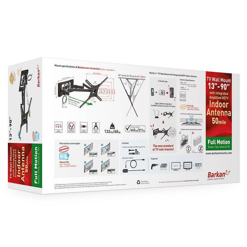 Barkan 13 – 90" Full Motion - 4 Movement TV Wall Mount with Integrated Amplified HDTV Indoor Antenna