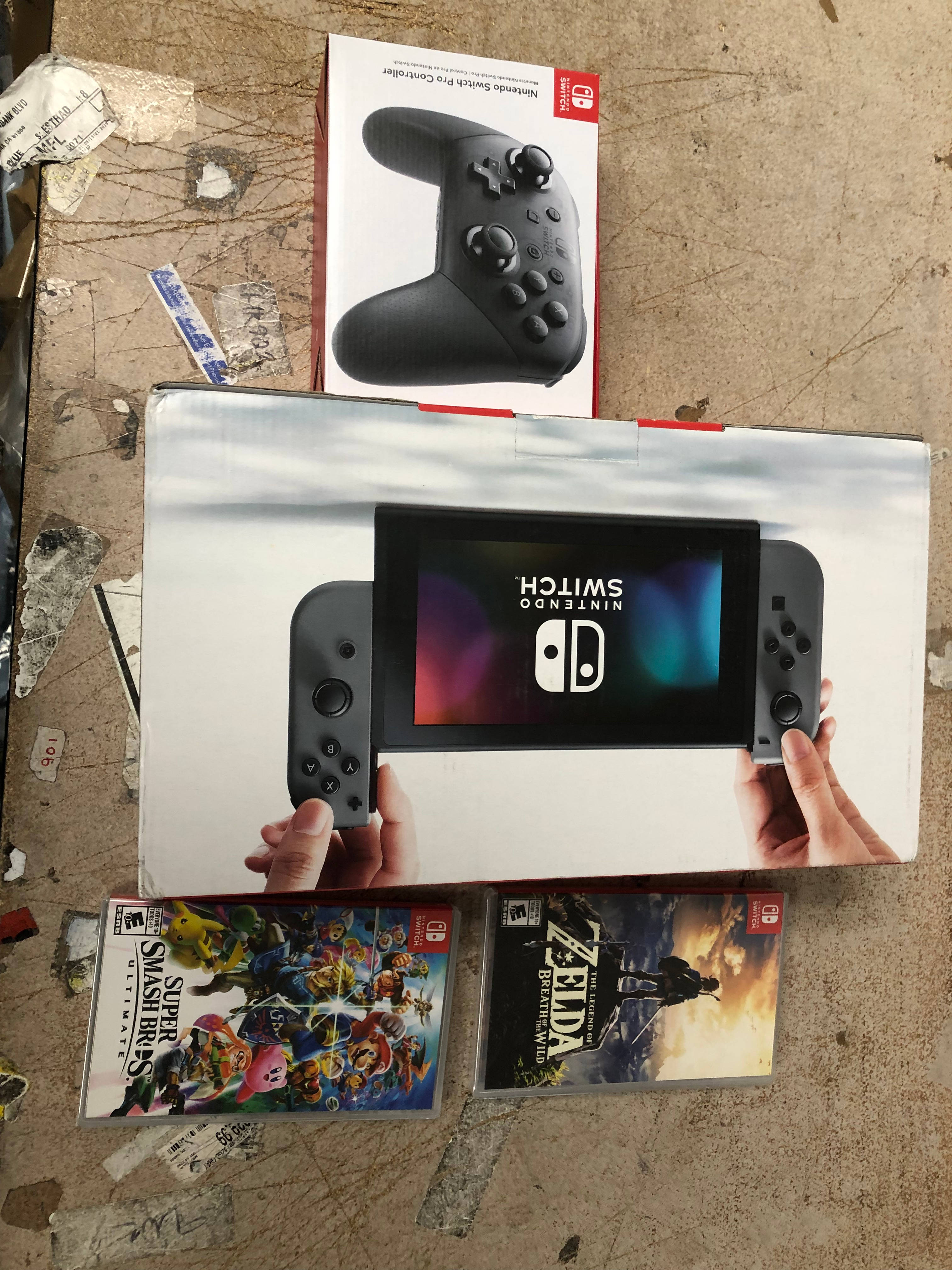 Nintendo Switch Gray, Switch Pro Controller, Super Smash Bros, Legend of Zelda Game Bundle