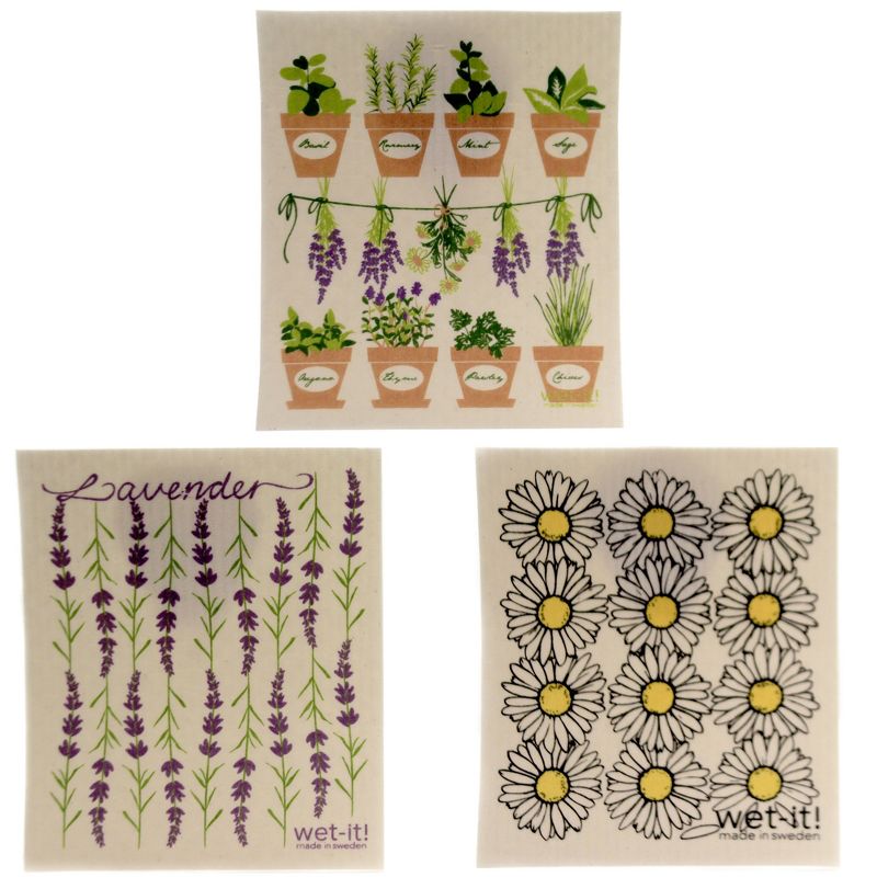 Swedish Dish Cloth 7.75" Flowers And Herbs Set Absorbent Cleaning Cloth Daisy Sage Mint  -  Dish Cloth