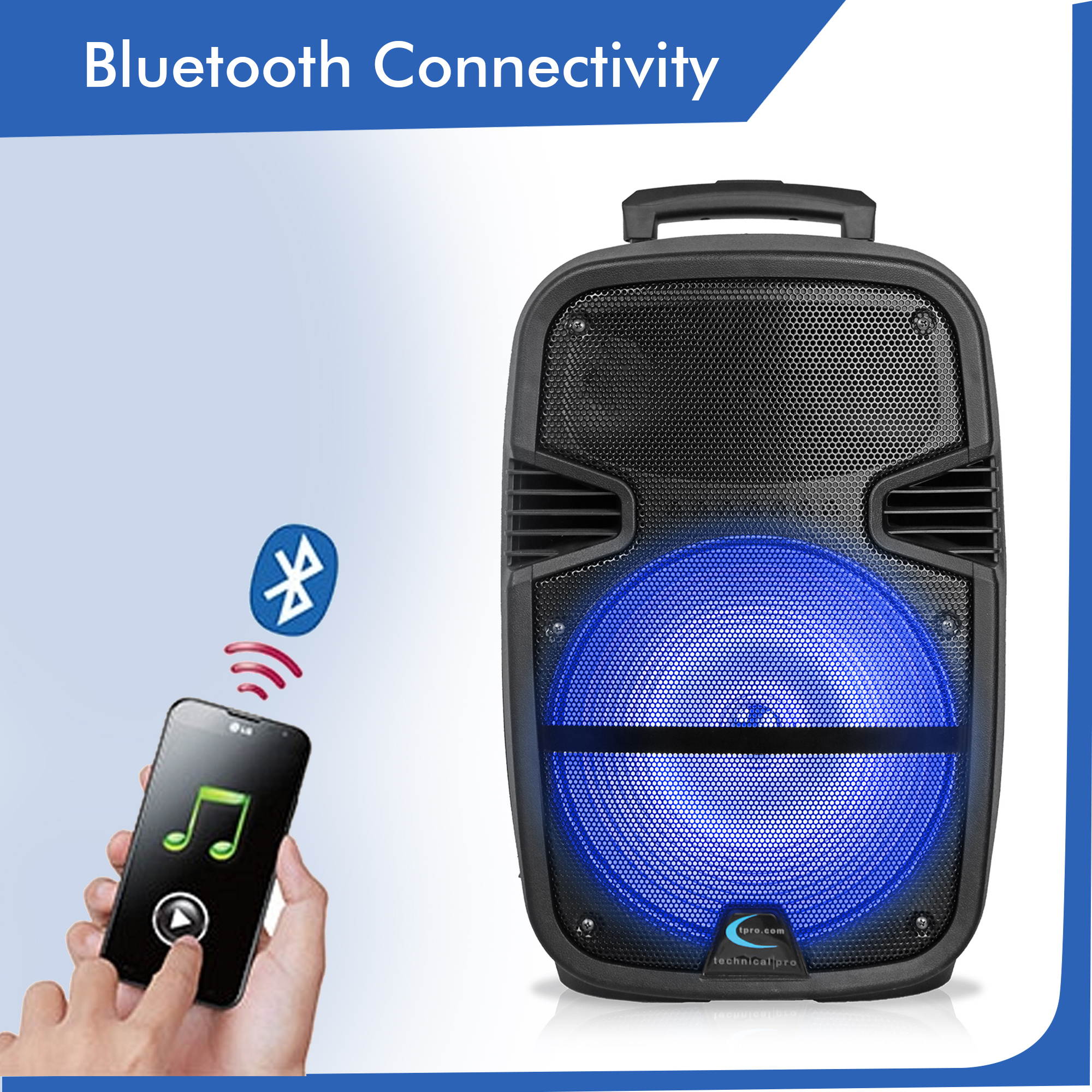 Technical Pro 3000 Watts Rechargeable 15 Inch Bluetooth LED Portable PA Speaker, Mic and Stand, Bluetooth Range 30 Feet, built-in LCD Screen, Great for Party, Event, Tailgate, and More