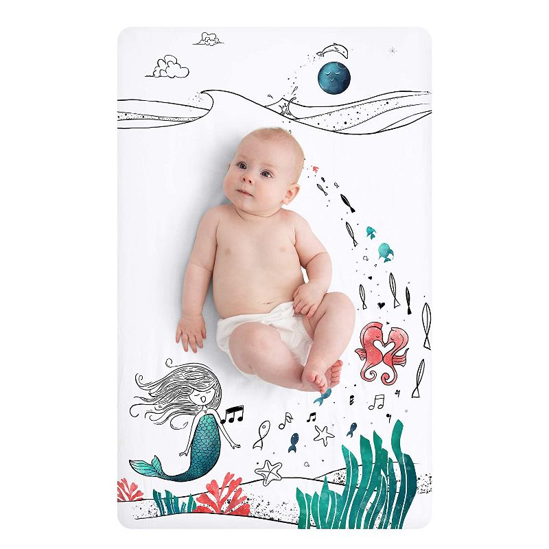 JumpOff Jo Fitted Mini Crib Sheet, Cotton Crib Sheet for Miniature Sized Crib Mattresses, Hypoallergenic and Breathable, 24" x 38", Moonlight Mermaid