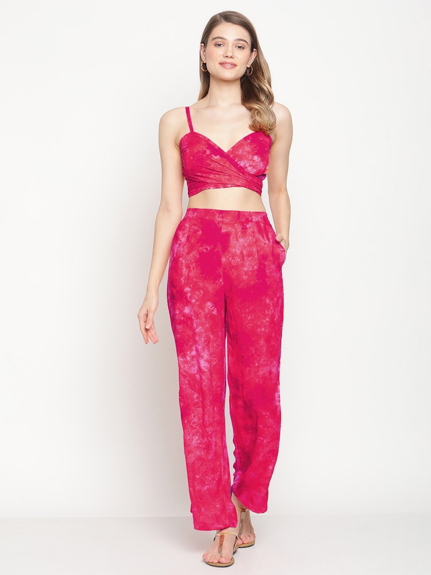 Erotissch Fuchsia Cotton Cotton Tie & Dye Beachwear Co-Ord Set