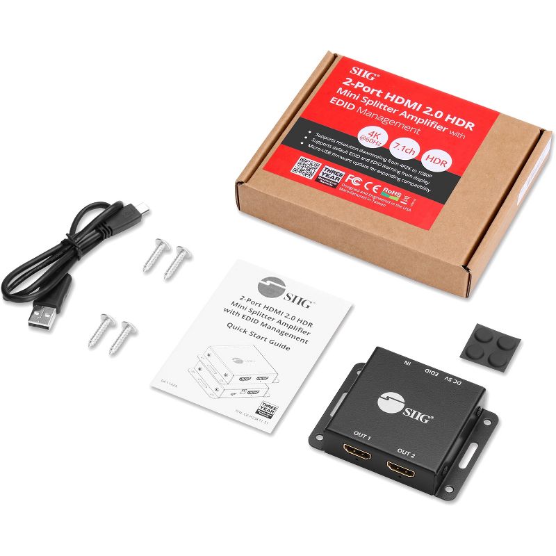SIIG 2-Port HDMI 2.0 HDR Mini Splitter Amplifier with EDID Management - 3840 ?? 2160 - 600 MHzMaximum Video Bandwidth