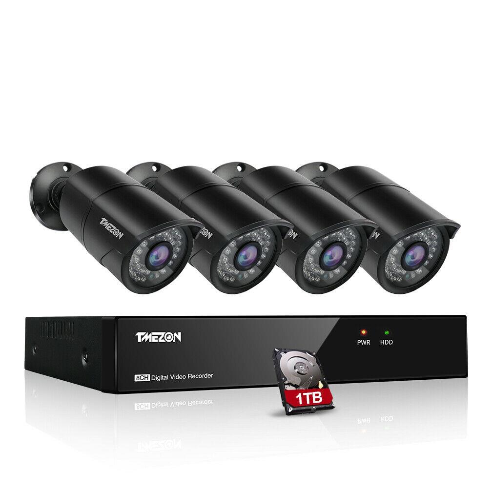TMEZON 4CH 5MP HD Home Security Camera System 1TB HDD, 5-IN-1 4 Channel DVR Video Recorder, 4x Bullet In/Outdoor IR Night CCTV Camera, Free APP
