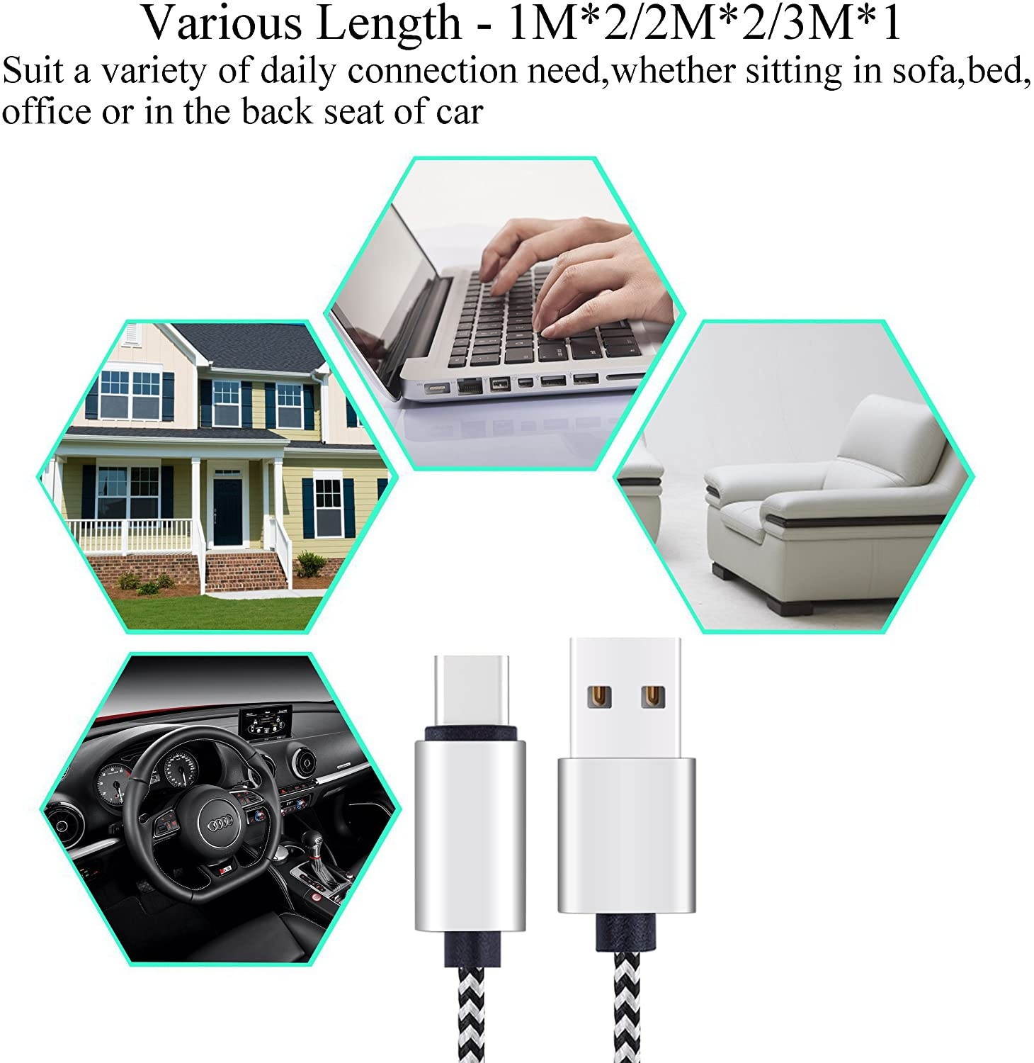 USB Type C Cable 3.3Ft 3.3Ft 6.6Ft 6.6Ft 9.9 Ft 5Pack by Ailun High Speed Type C to USB A Sync Charging Nylon Braided Cable for USB Type C Devices