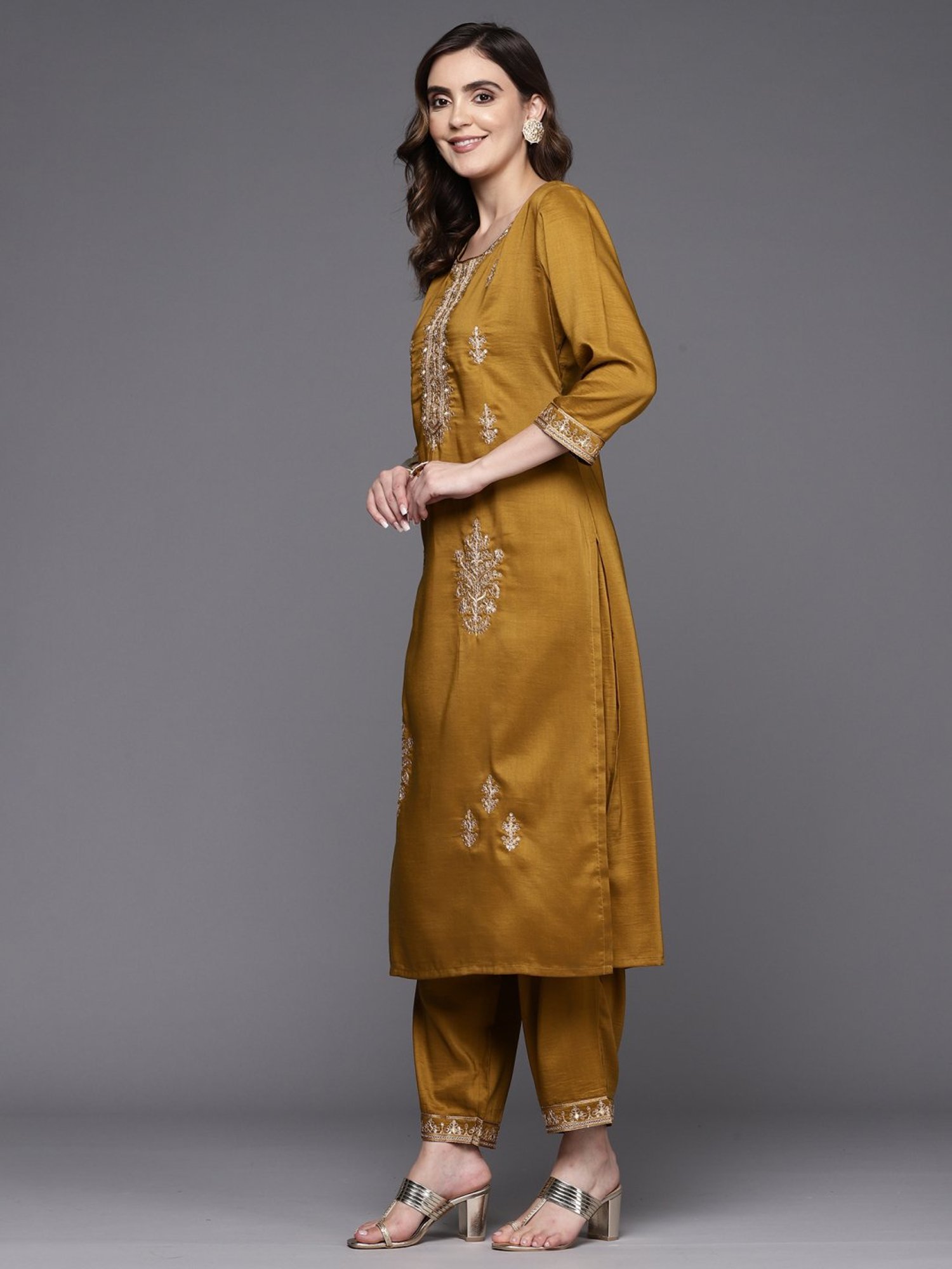 Indo Era Mustard Embroidered Kurta Pant Set With Dupatta