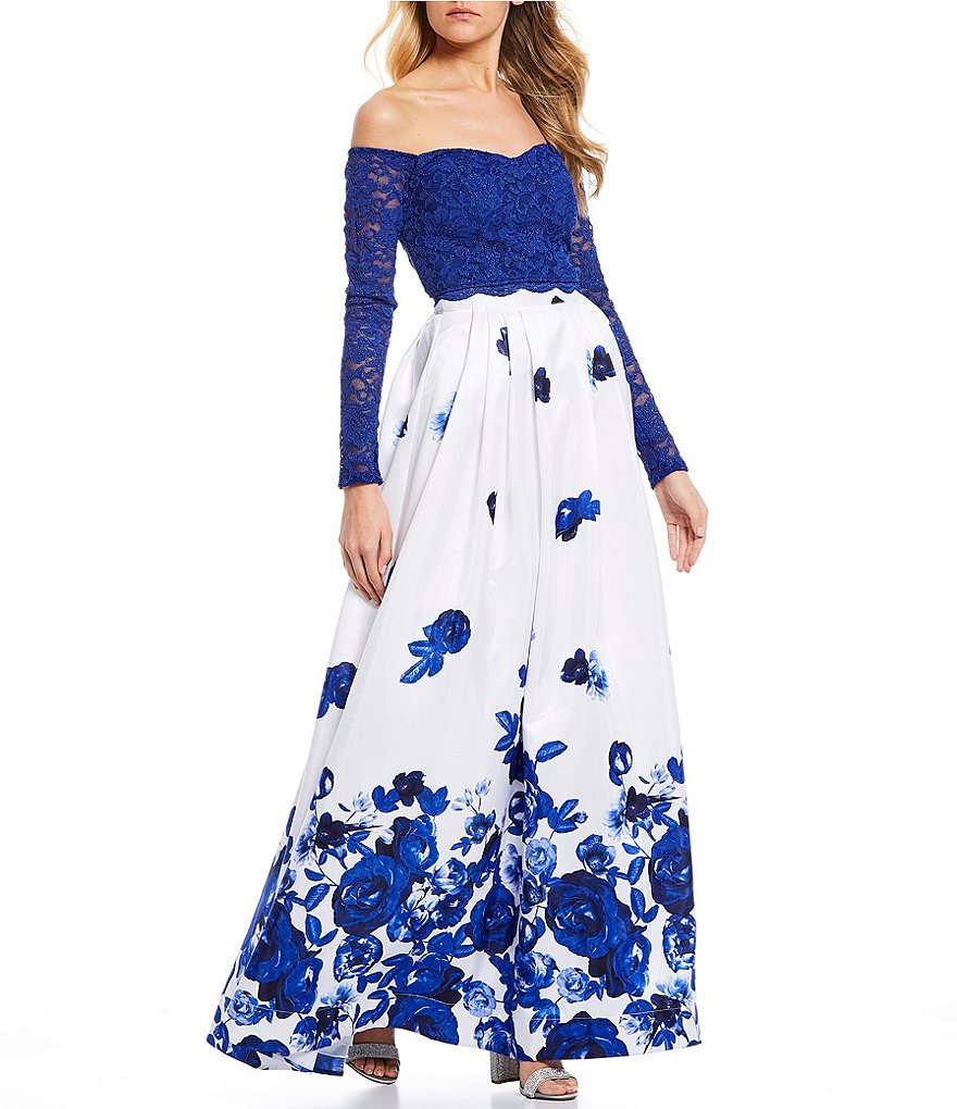 Sequin Hearts Off-The-Shoulder Lace with Floral Print Skirt Two-Piece Ball Gown