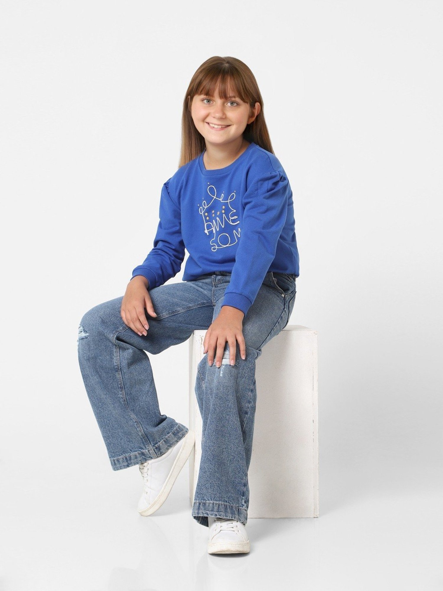 KIDS ONLY Blue Cotton Embroidered Full Sleeves Sweatshirt