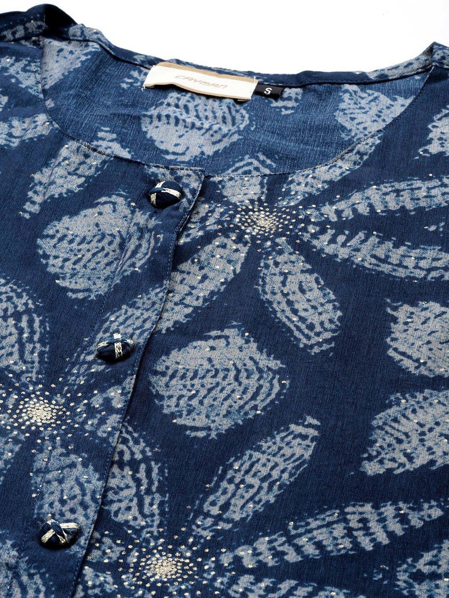 Cayman Blue Cotton Floral Print A Line Kurta