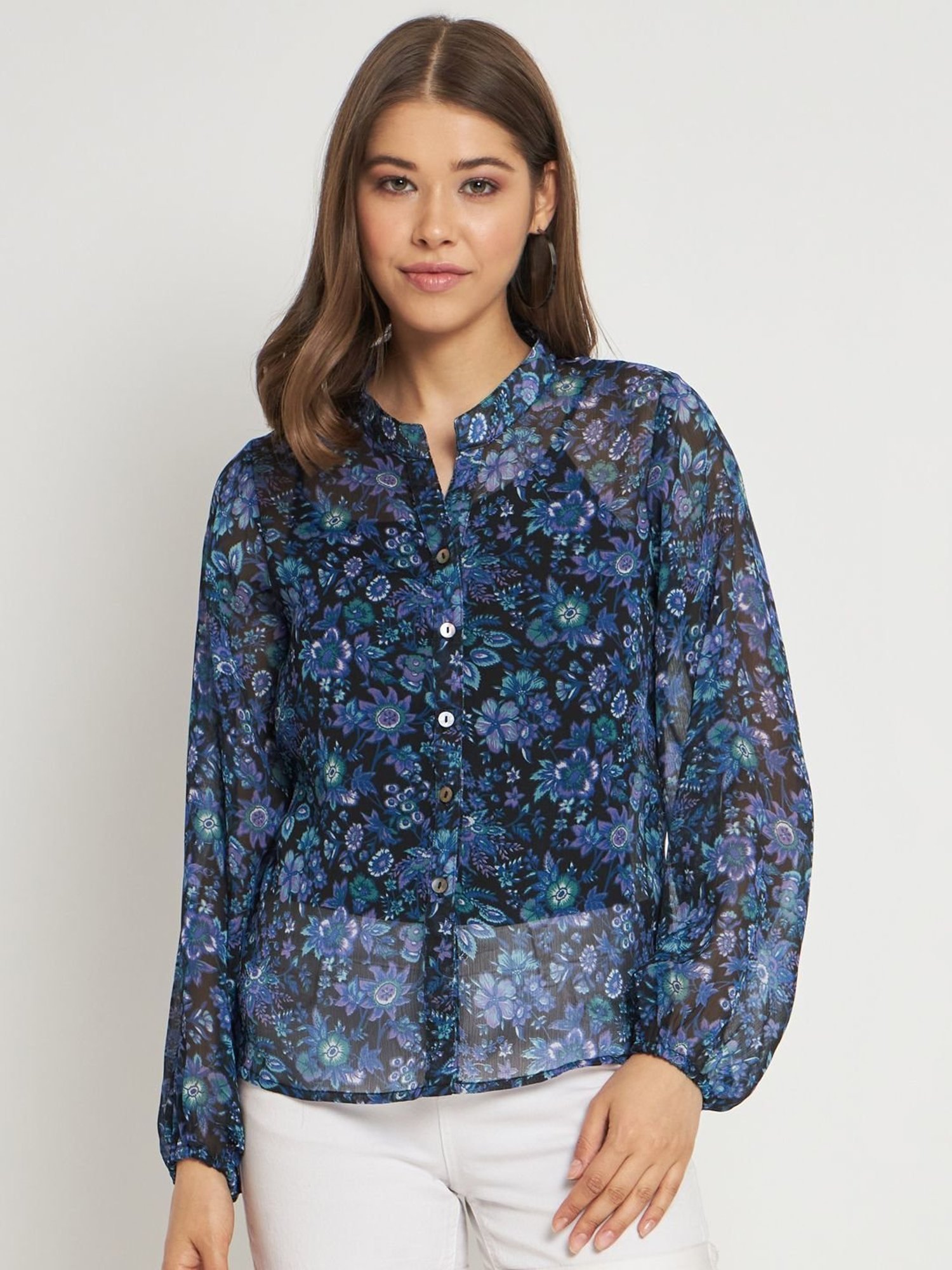 Anvi Be Yourself Blue Floral Print Semi-Sheer Shirt