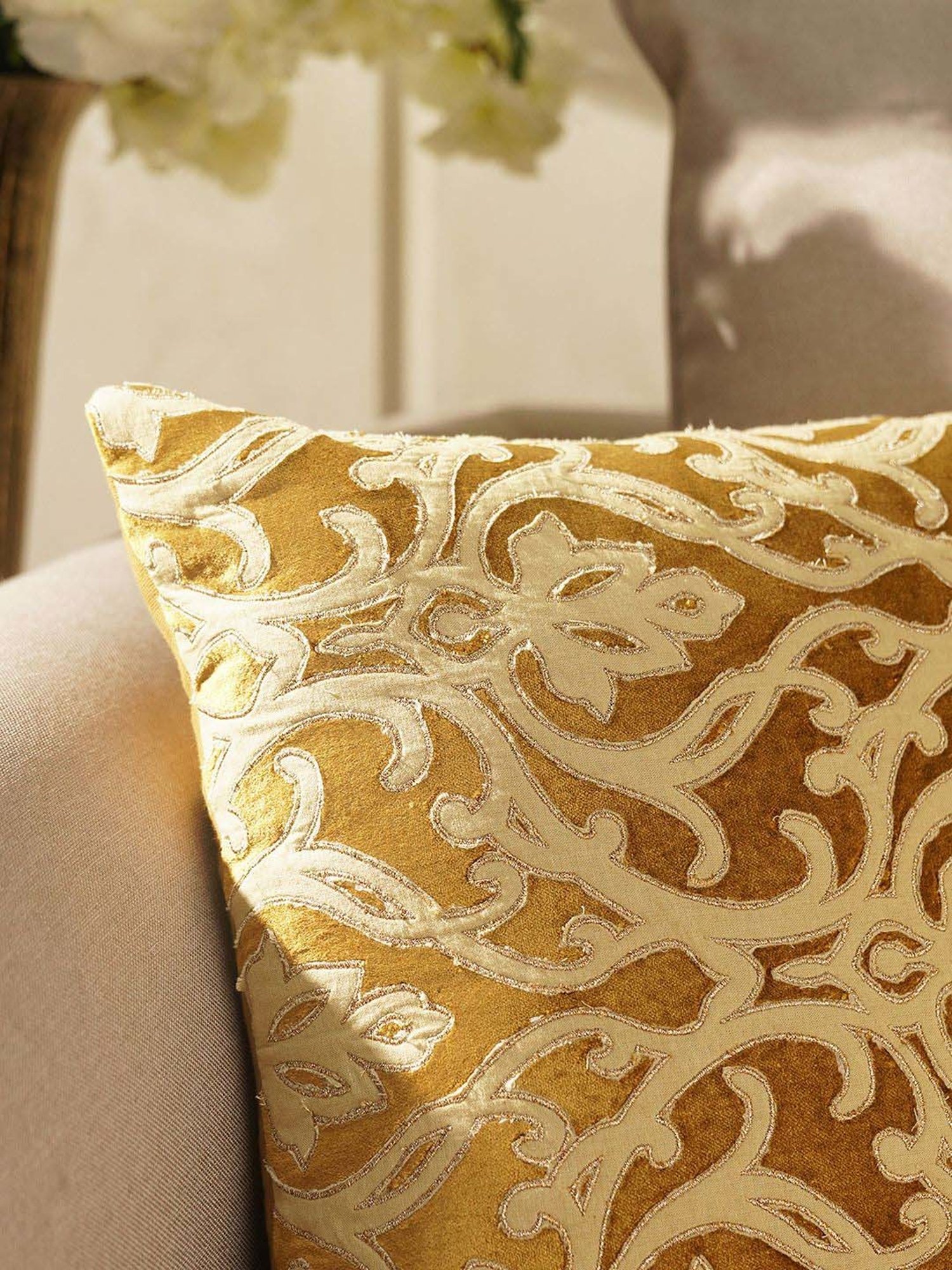 Pure Home and Living Gold Cotton Patch Work Square Cushion Cover