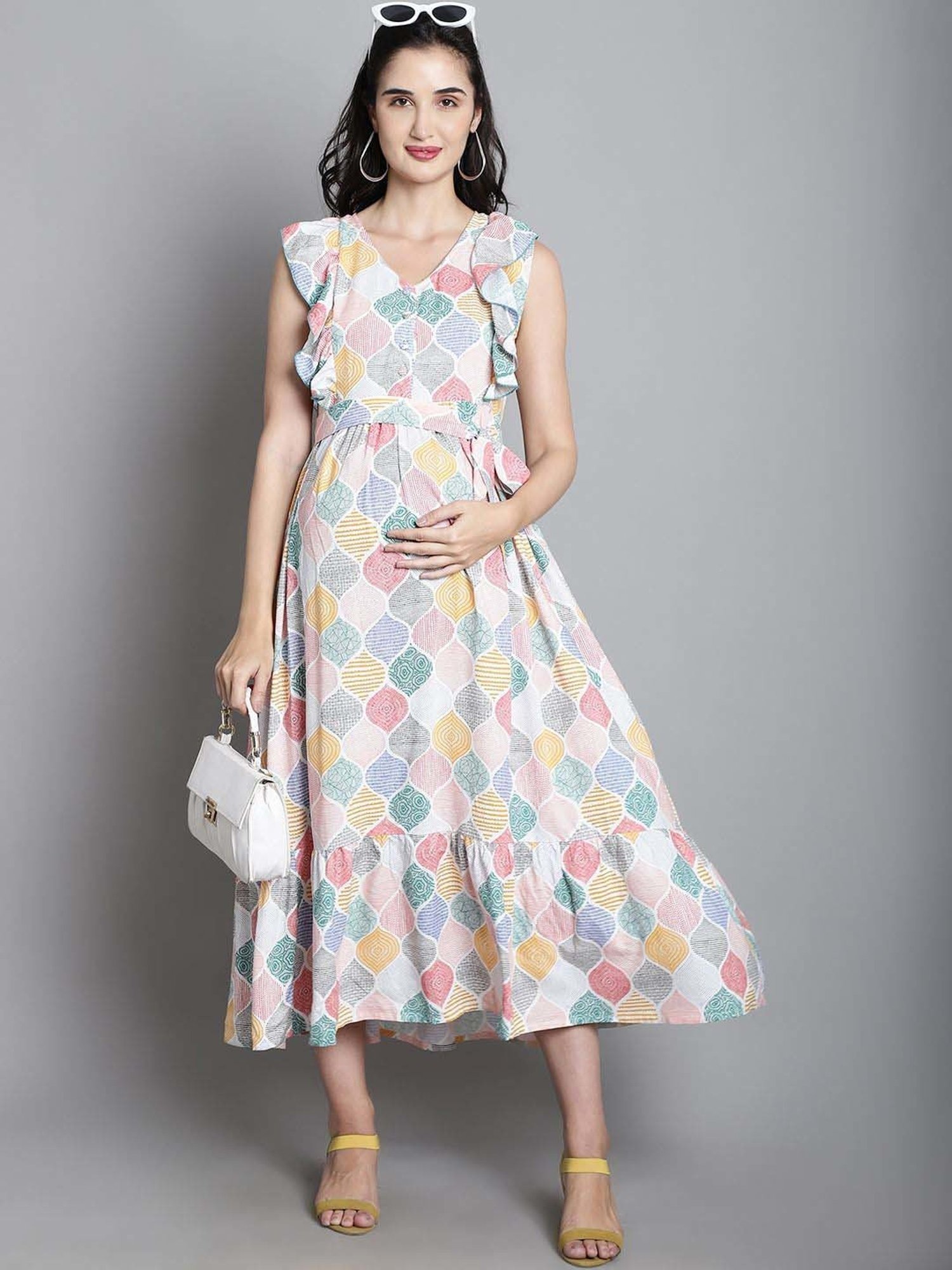 Moms Maternity White Printed Maternity Dress