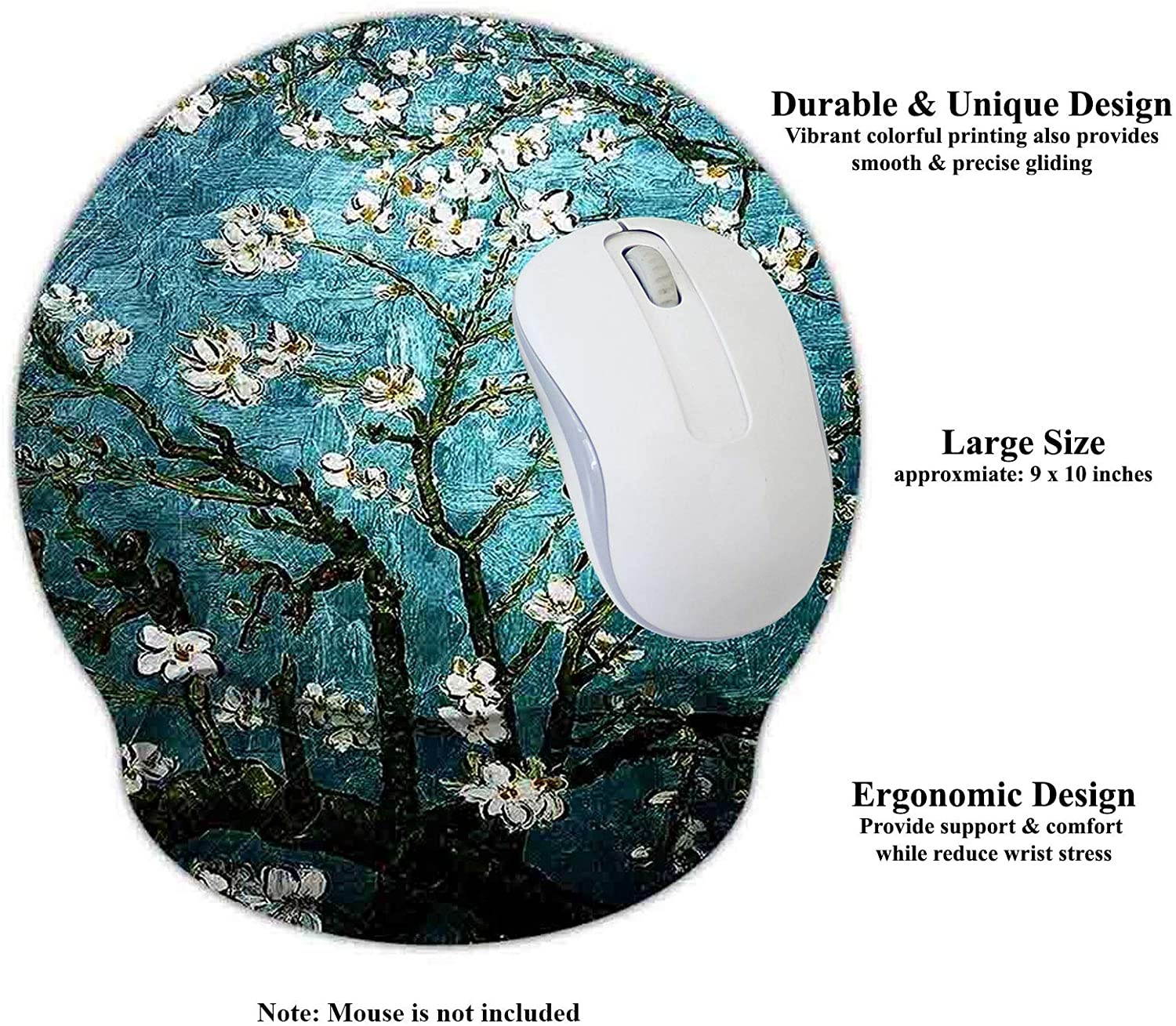 Meffort Inc Mouse Pad with Wrist Rest Support & Non-Slip Base, Durable Ergonomic Gaming Mousepad - Van Gogh Almond Blossoming