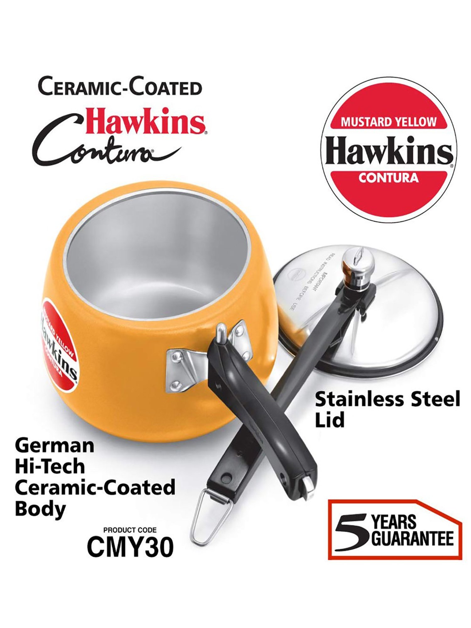 Hawkins Contura Ceramic Coated Mustard 3 L Pressure Cooker - Set of 1