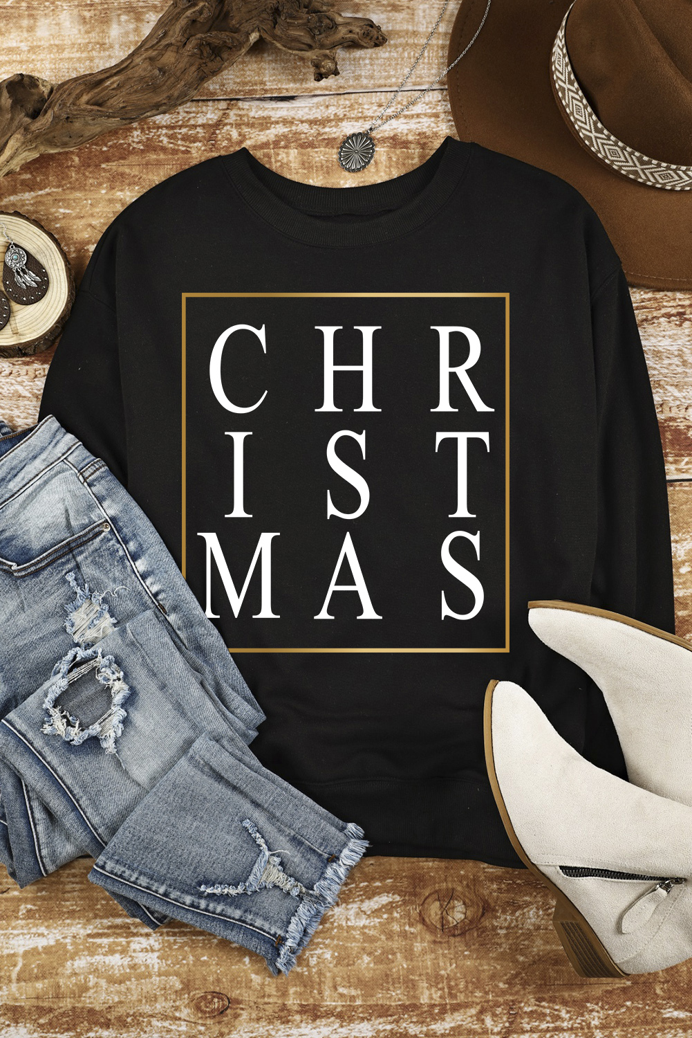 Black CHRISTMAS Glitter Print Crew Neck Graphic Sweatshirt