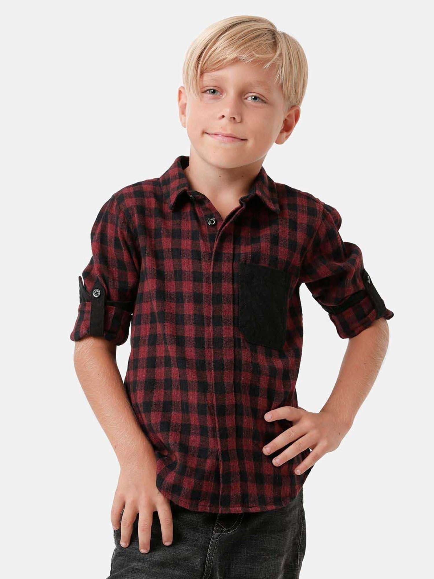 Kate & Oscar Kids Brown & Black Cotton Chequered Full Sleeves Shirt