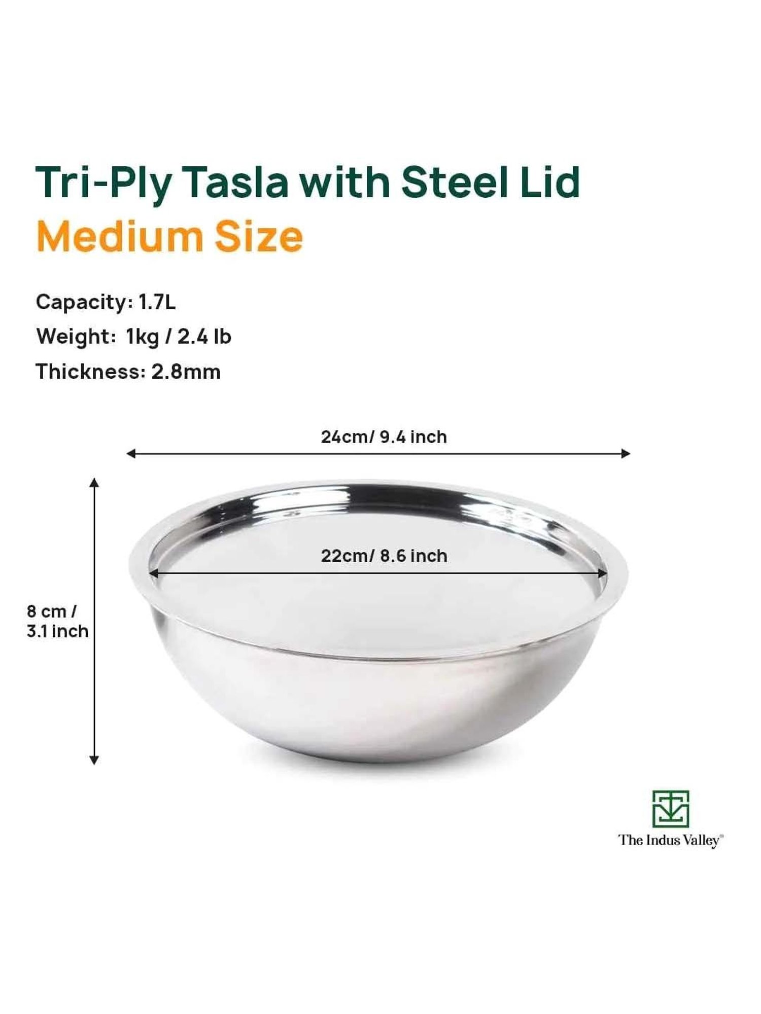 The Indus Valley Silver Stainless Steel 22 cm Induction Compatible Tasla With Lid (1.7 L)