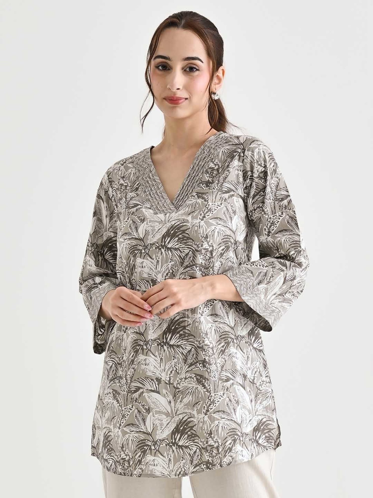 Rustorange Grey Cotton Printed A Line Short Kurti
