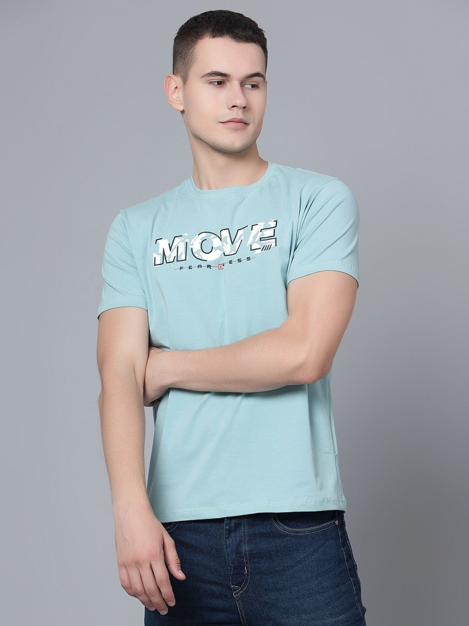 Cantabil Light Teal Cotton Regular Fit Printed T-Shirt