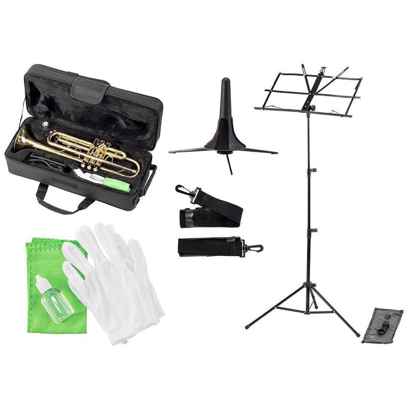 Monoprice Brass Bb Trumpet Outfit With Valve Oil, Music Stand, Trumpet Stand, and Case - Stage Right Sonata