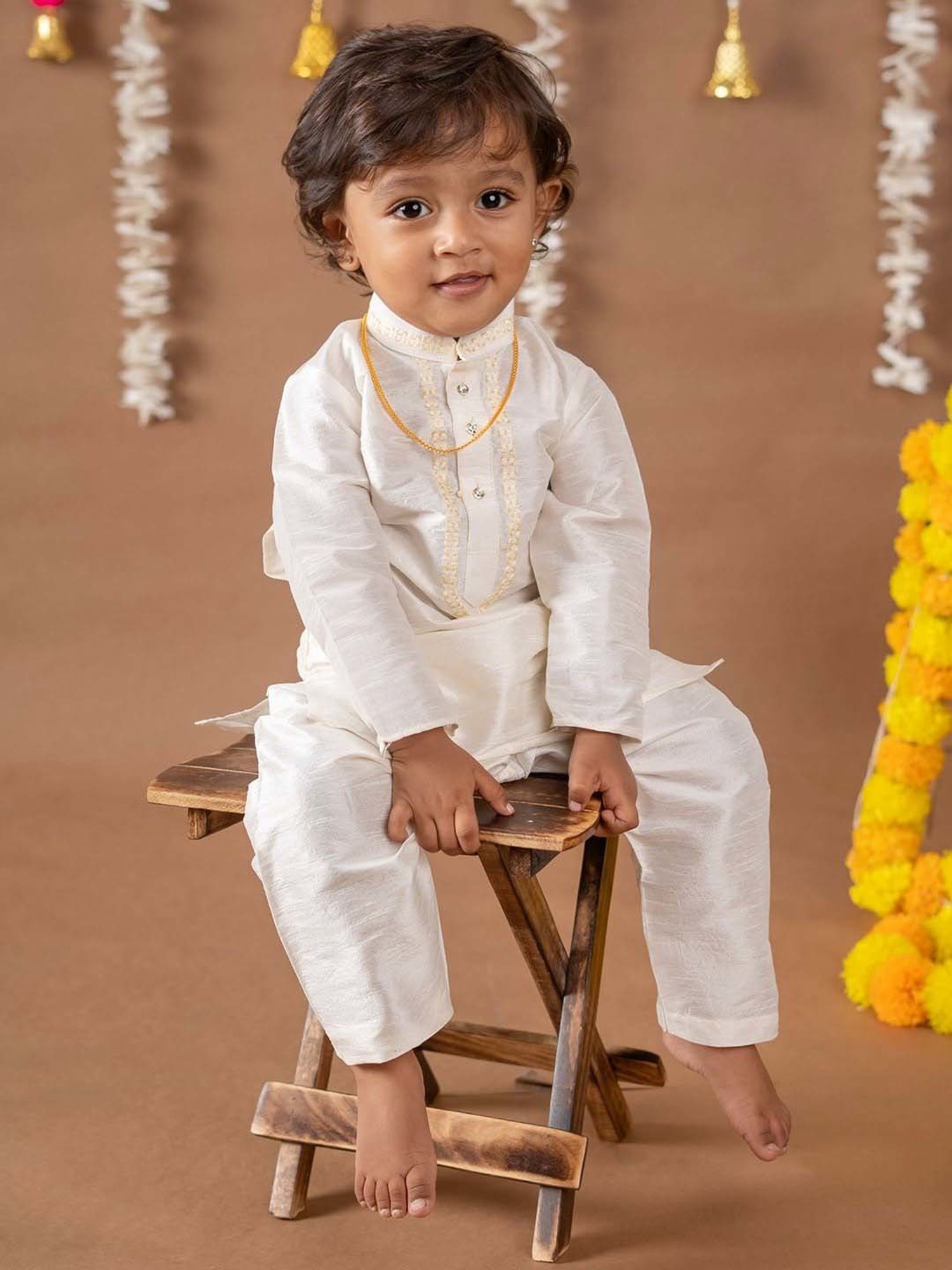 Baby Moo Kids Cream & Yellow Regular Fit Full Sleeves Kurta Set