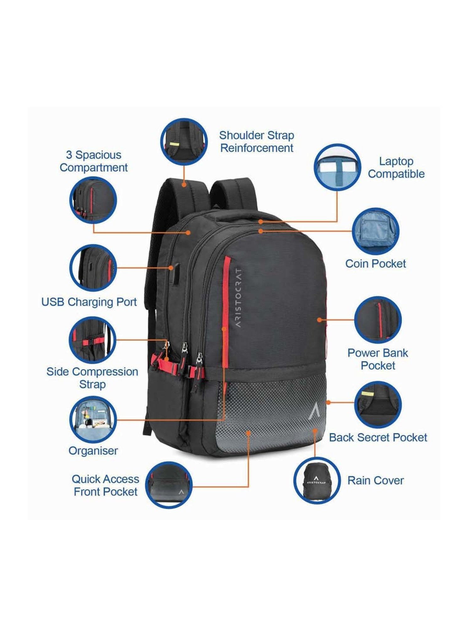 Aristocrat 28 Ltrs Black Medium Laptop Backpack